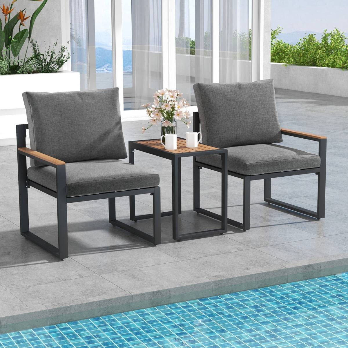 Helloshop26 - Meubles 3 pièces de patio cadre en aluminium résistant aux intempéries salon de jardin 2 fauteuils avec coussins moelleux gris - Image 2