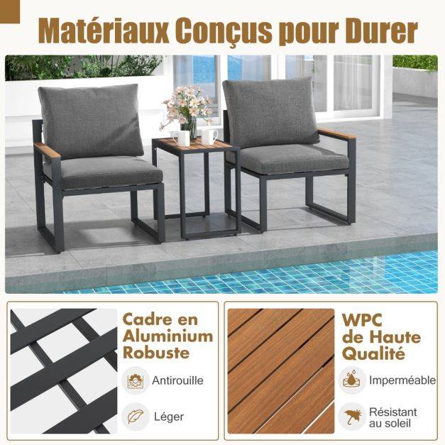 Helloshop26 - Meubles 3 pièces de patio cadre en aluminium résistant aux intempéries salon de jardin 2 fauteuils avec coussins moelleux gris - Image 3