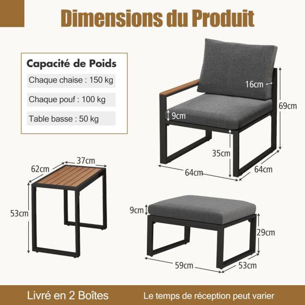 Helloshop26 - Meubles 3 pièces de patio cadre en aluminium résistant aux intempéries salon de jardin 2 fauteuils avec coussins moelleux gris - Image 5