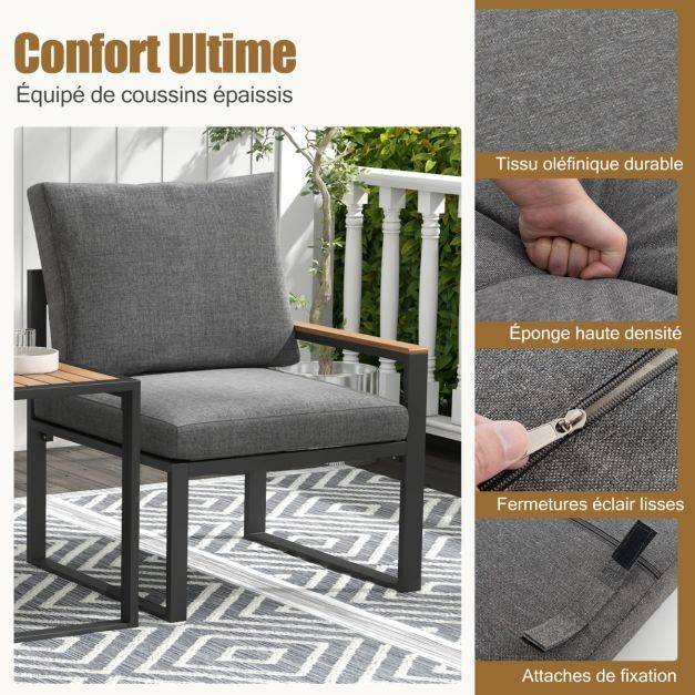 Helloshop26 - Meubles 3 pièces de patio cadre en aluminium résistant aux intempéries salon de jardin 2 fauteuils avec coussins moelleux gris - Image 4