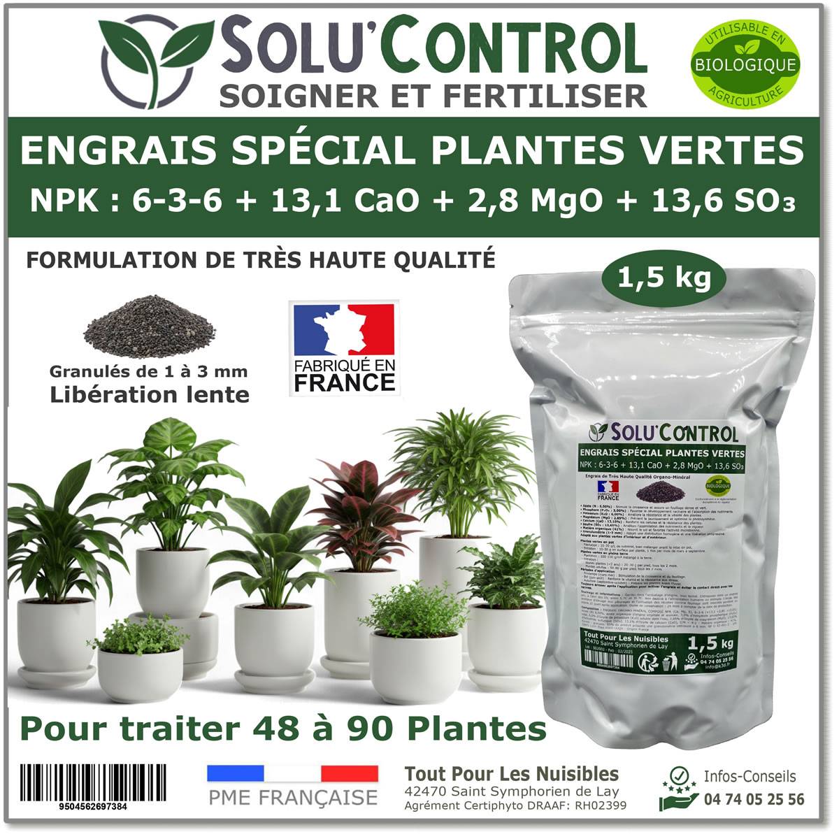 SOLU’CONTROL - 1,5 kg d' Engrais Spécial Plantes Vertes 6-3-6 - Croissance, Feuillage Dense & Vitalité - Formulation Organo-Minerale - Image 1