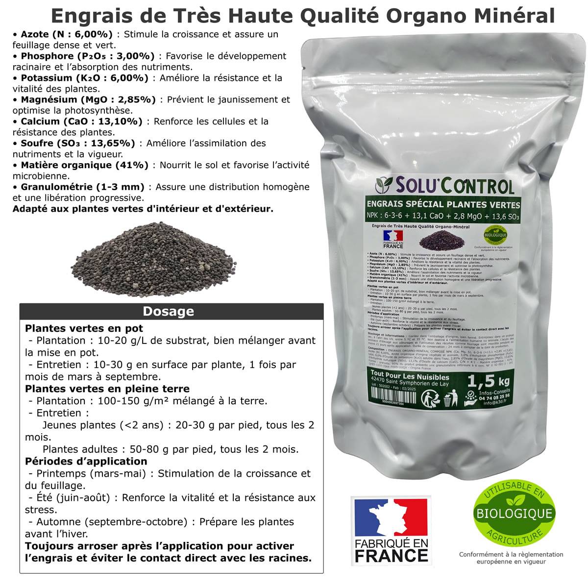 SOLU’CONTROL - 1,5 kg d' Engrais Spécial Plantes Vertes 6-3-6 - Croissance, Feuillage Dense & Vitalité - Formulation Organo-Minerale - Image 2
