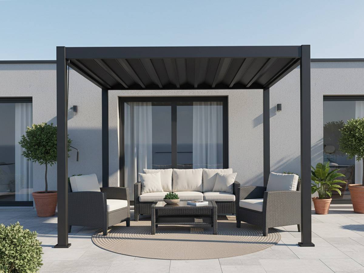 Hesperide - Kit pergola bioclimatique toit rétractable Evora Graphite 4 x 3 m Hespéride + 2 stores 4 m - Image 2