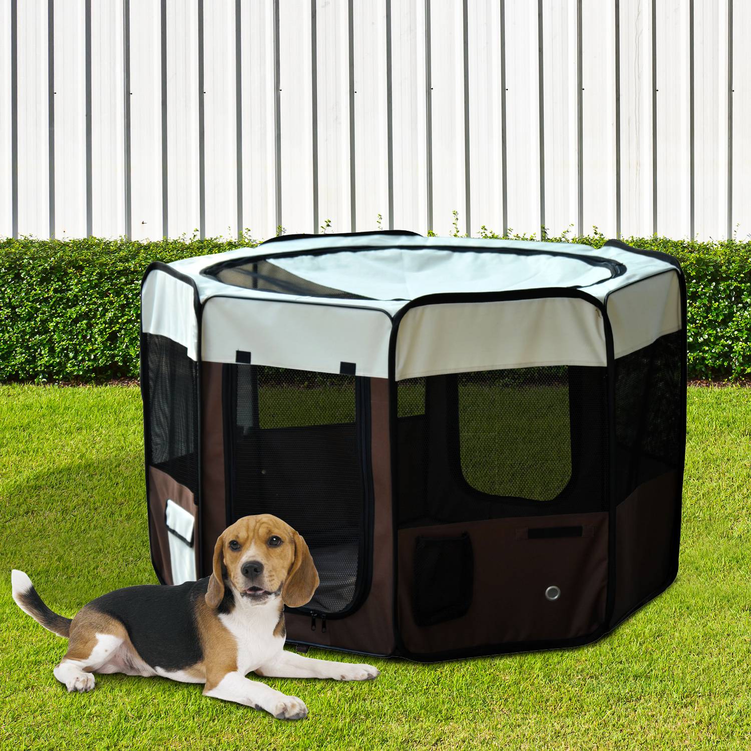 Parc enclos pliable pour chien chat petits animaux octogonal en tissu Oxford et acier Ø 90 x 41H cm marron beige - Image 3
