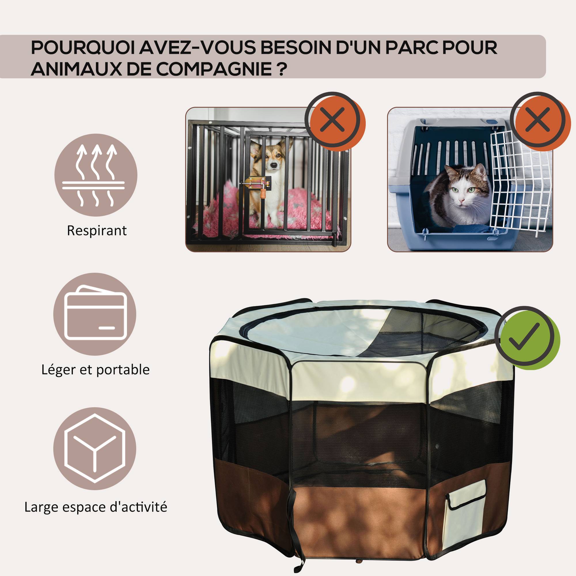 Parc enclos pliable pour chien chat petits animaux octogonal en tissu Oxford et acier Ø 90 x 41H cm marron beige - Image 5