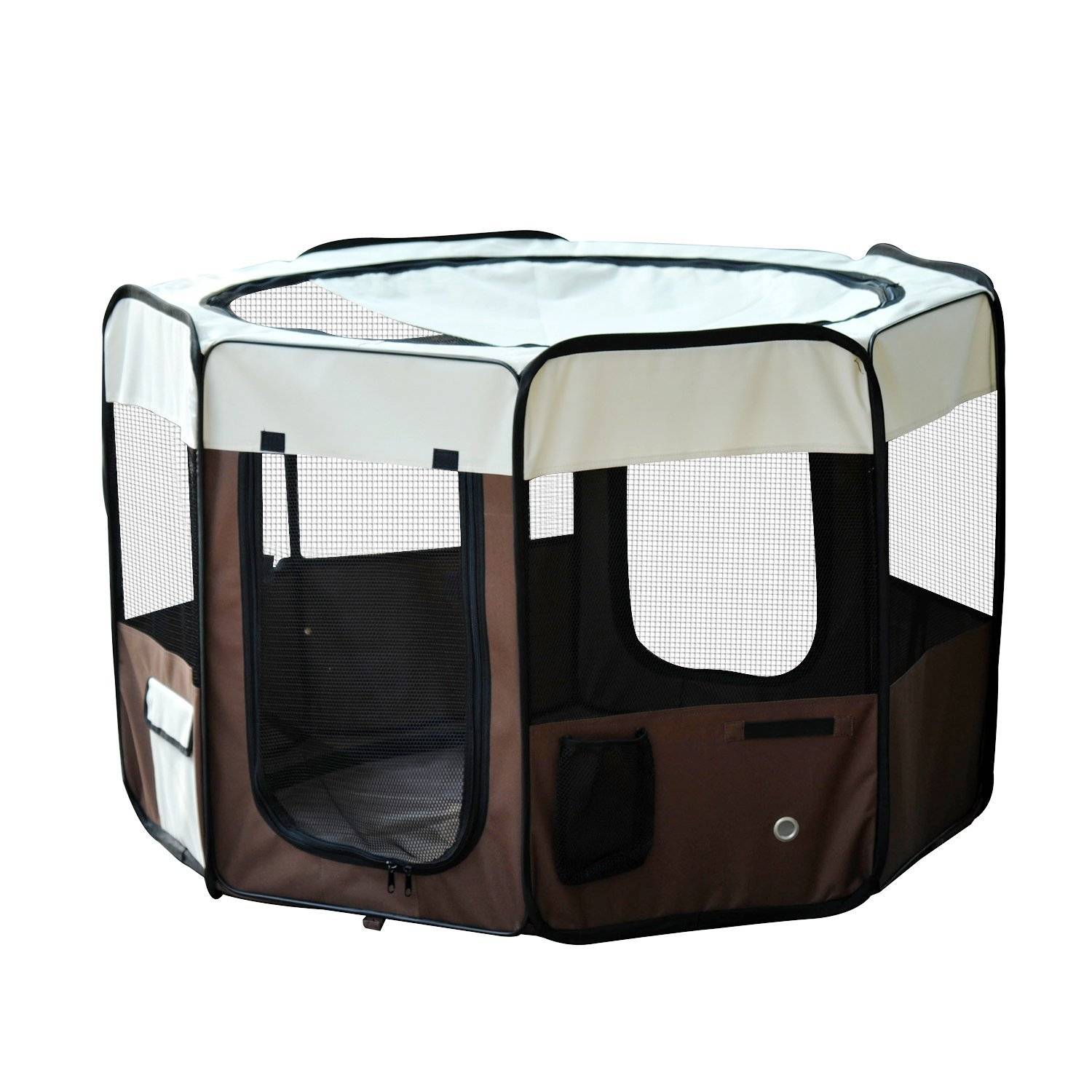 Parc enclos pliable pour chien chat petits animaux octogonal en tissu Oxford et acier Ø 90 x 41H cm marron beige - Image 1