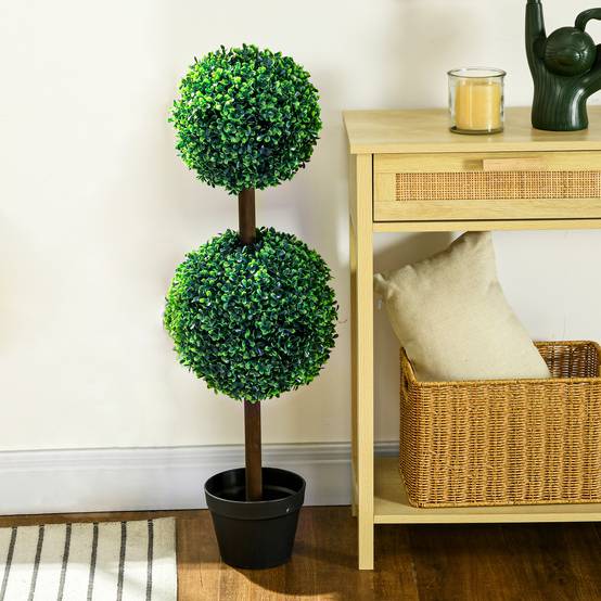 Lot de 2 buis artificiels double boules PE décoration élégante pot ciment 90cm vert - ComfortXL Outdoor Living - Image 3