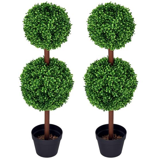 Lot de 2 buis artificiels double boules PE décoration élégante pot ciment 90cm vert - ComfortXL Outdoor Living - Image 1