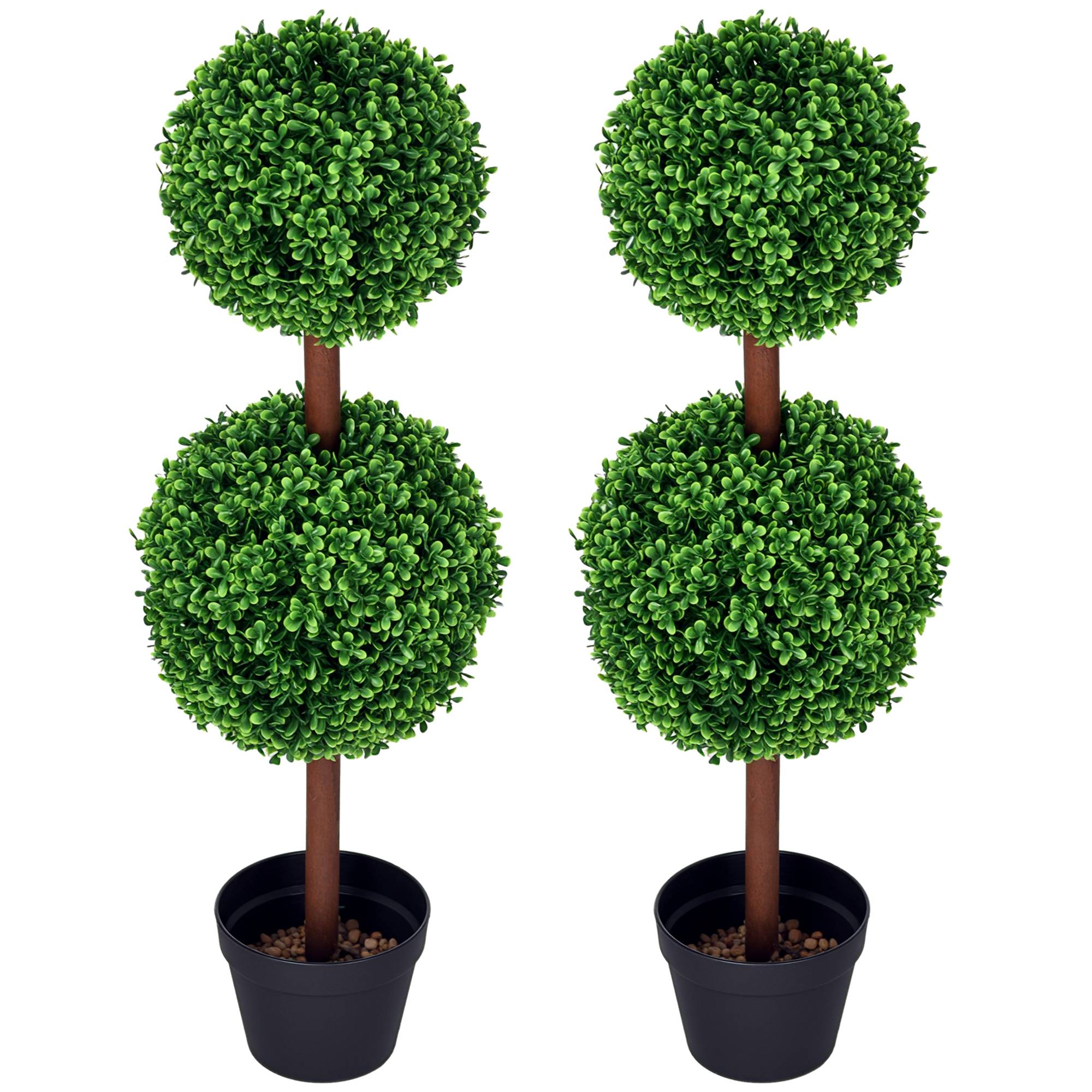 Lot de 2 buis artificiels double boules PE décoration élégante pot ciment 90cm vert - ComfortXL Outdoor Living - Image 1