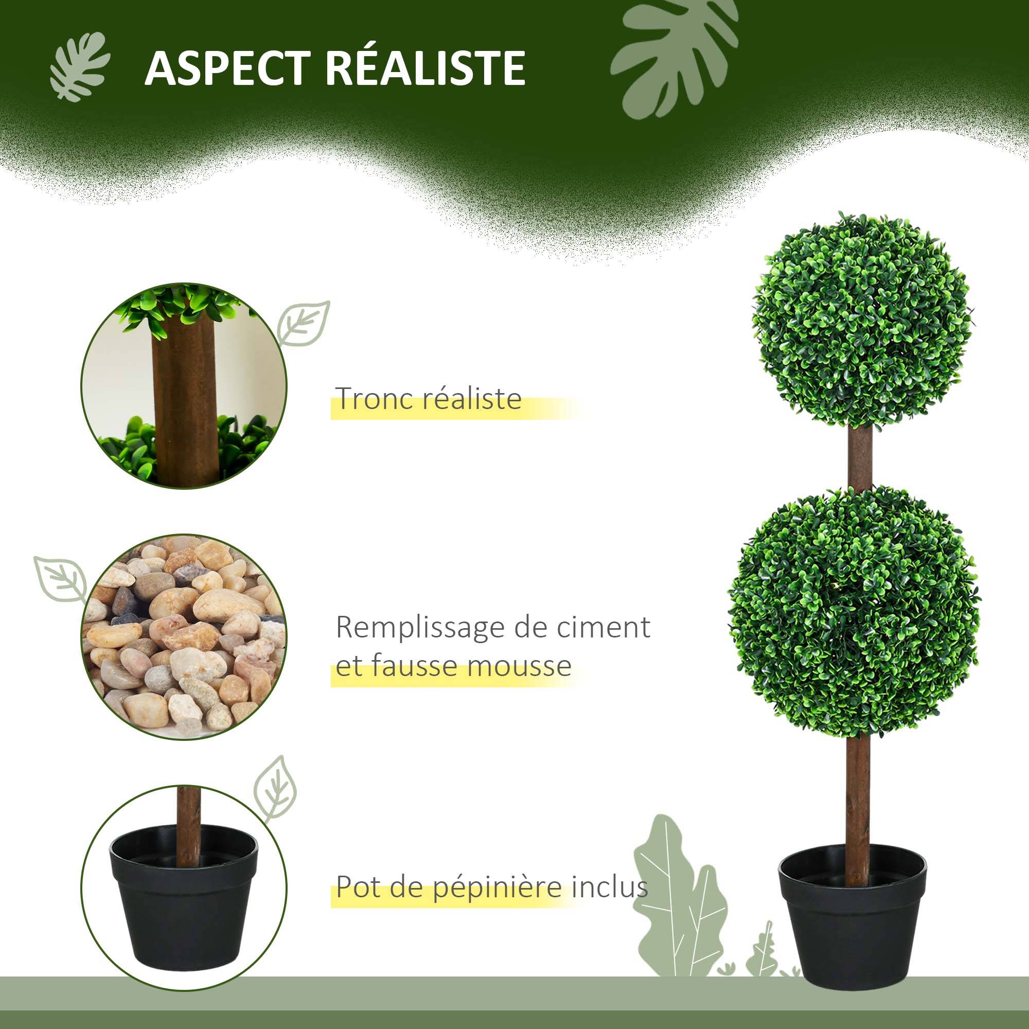 Lot de 2 buis artificiels double boules PE décoration élégante pot ciment 90cm vert - ComfortXL Outdoor Living - Image 6
