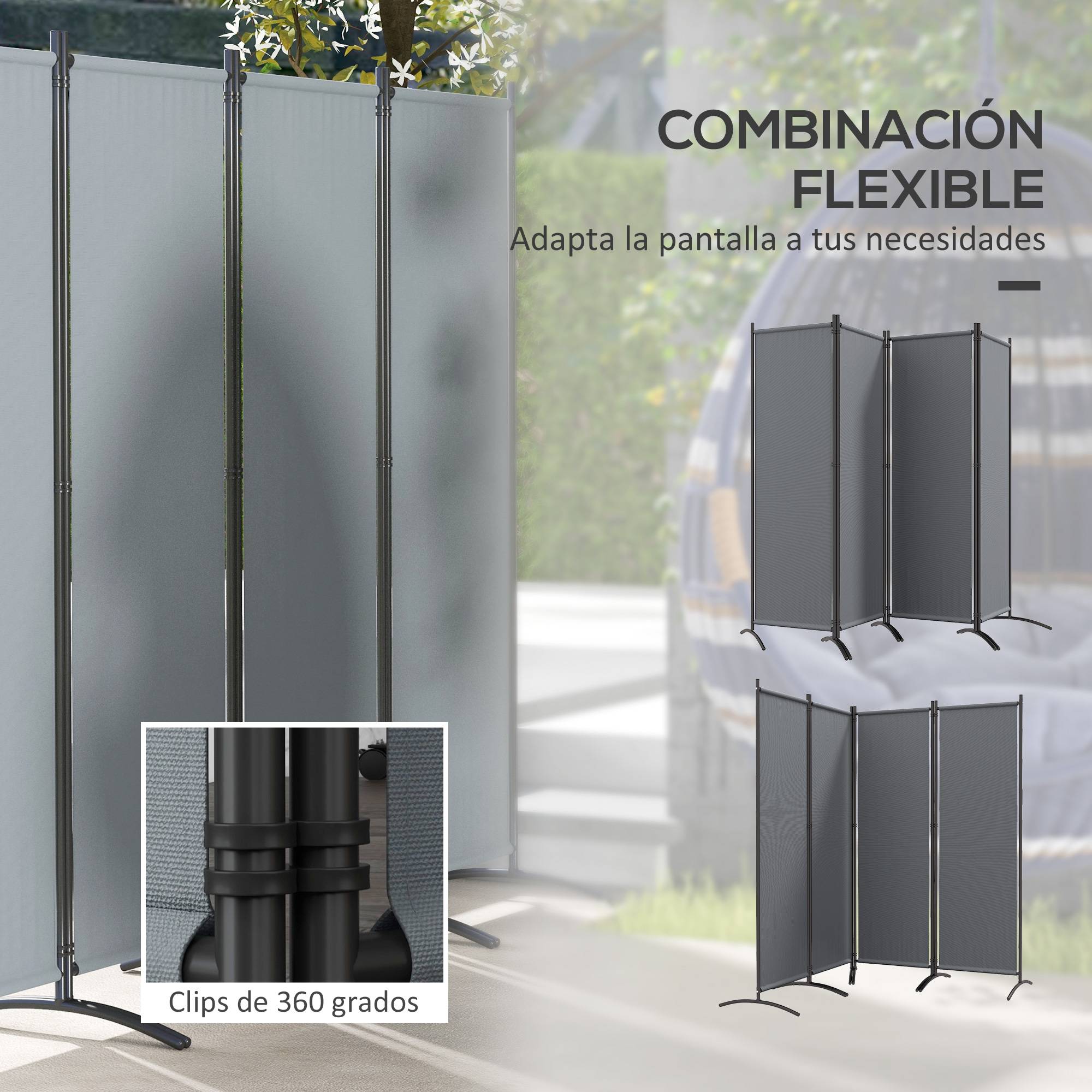 Paravent pliable 4 panneaux 221 x 172 cm, gris foncé, pour bureau ou chambre. - Image 8