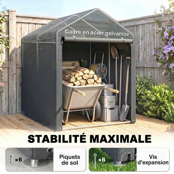 Abri stockage jardin portable, cadre métal galvanisé, grande porte, 1,2x1,8m - Image 7