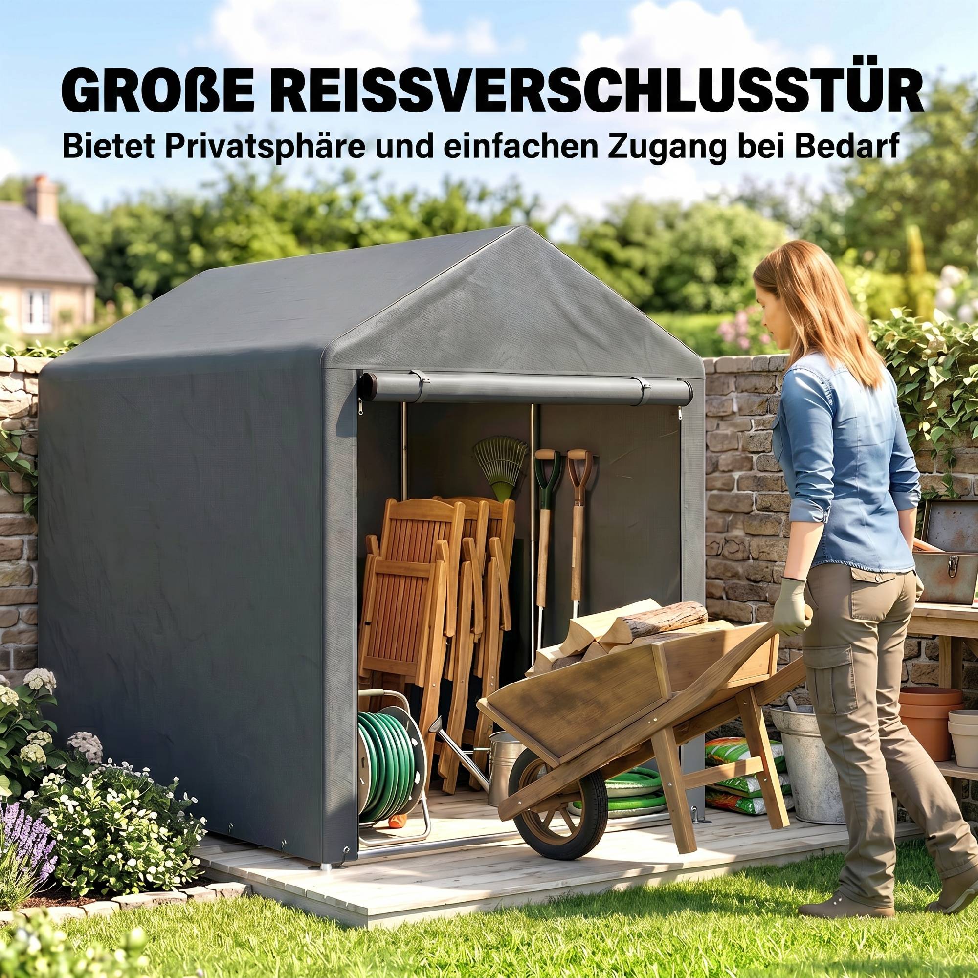 Abri stockage jardin portable, cadre métal galvanisé, grande porte, 1,2x1,8m - Image 8