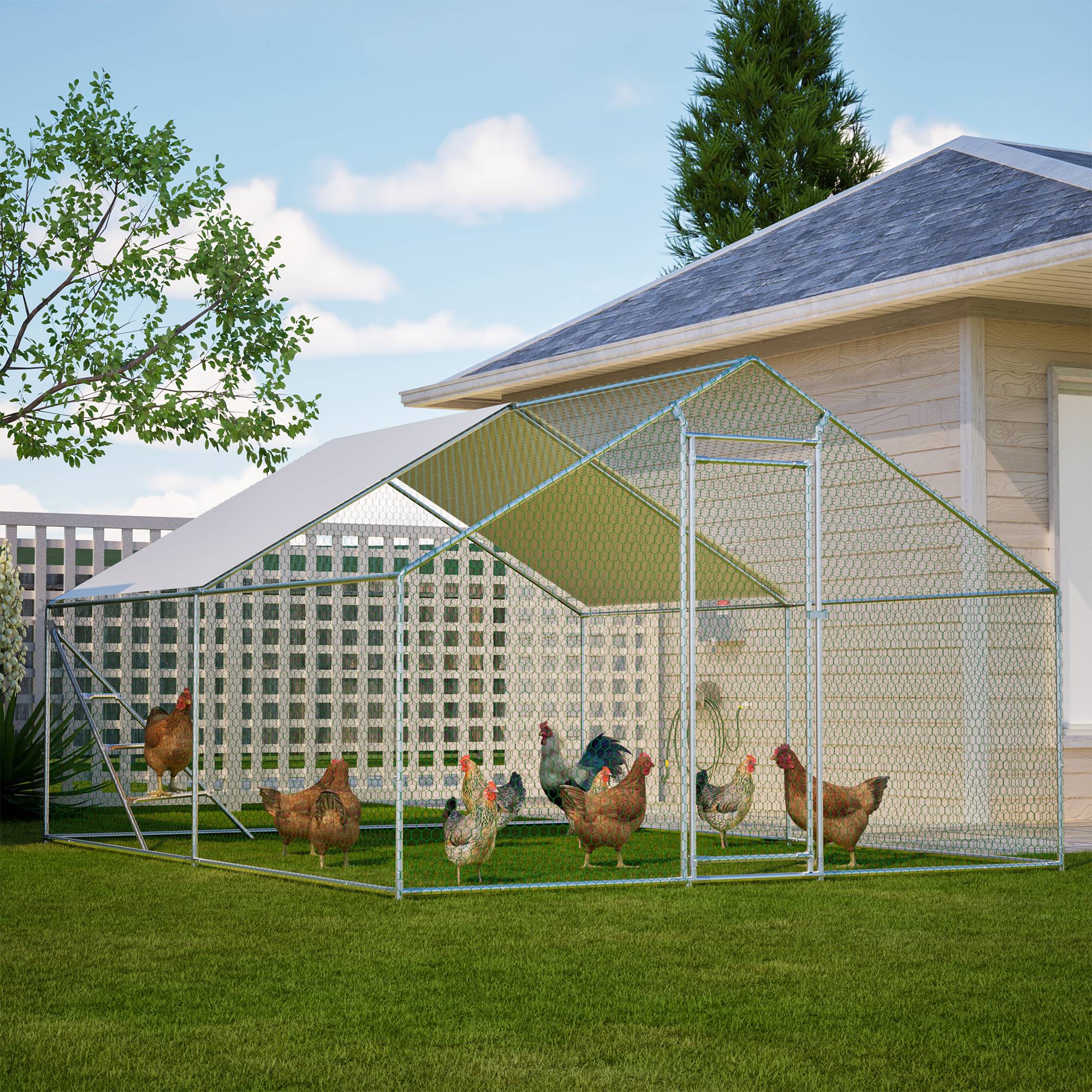 Volière Poulailler Acier 12.12m² Jardin Toit et Échelle 3x4m Blanc - ComfortXL Outdoor Living - Image 1