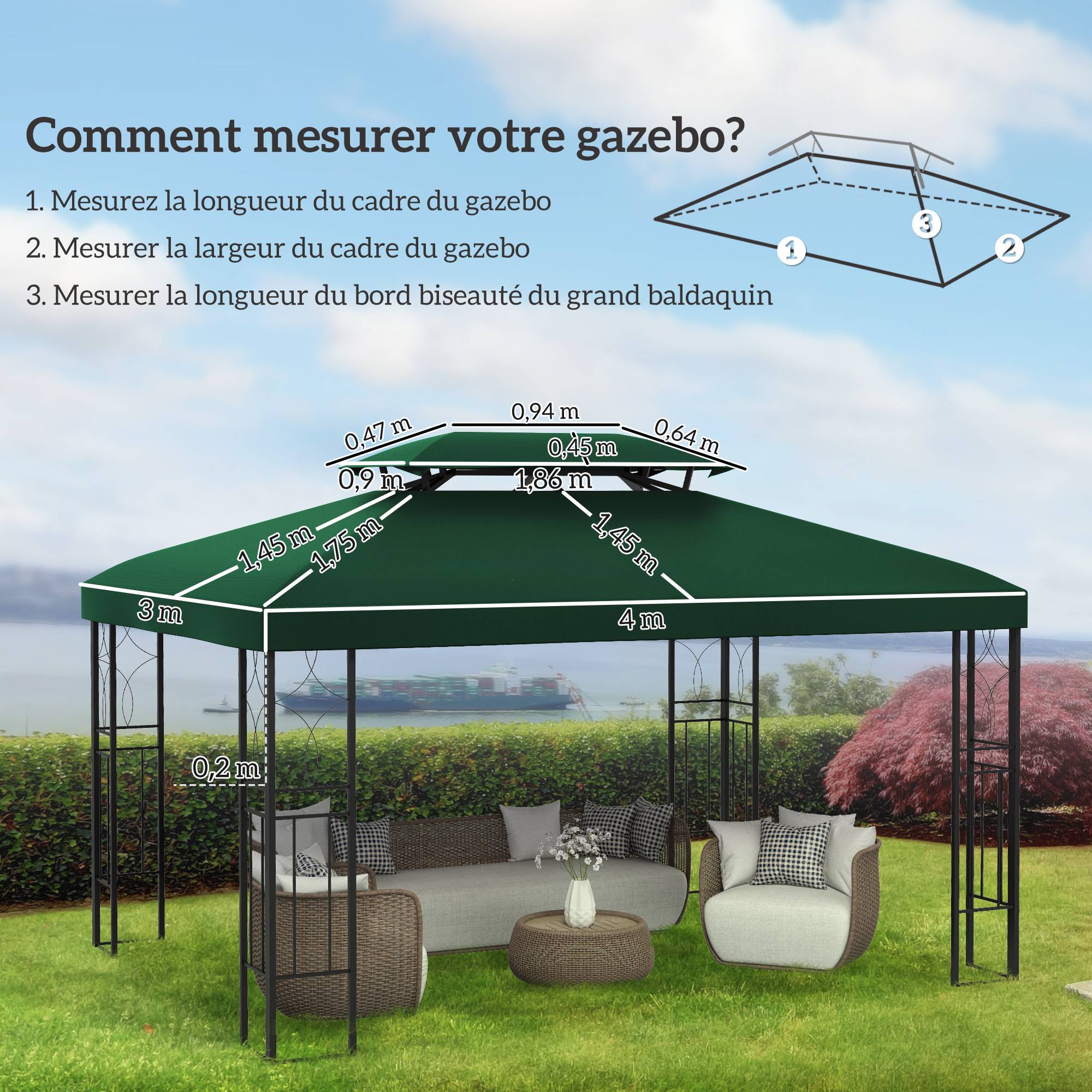 Toile de rechange pour pavillon tonnelle tente 3 x 4 m polyester haute densité 180 g/m² vert - Image 5