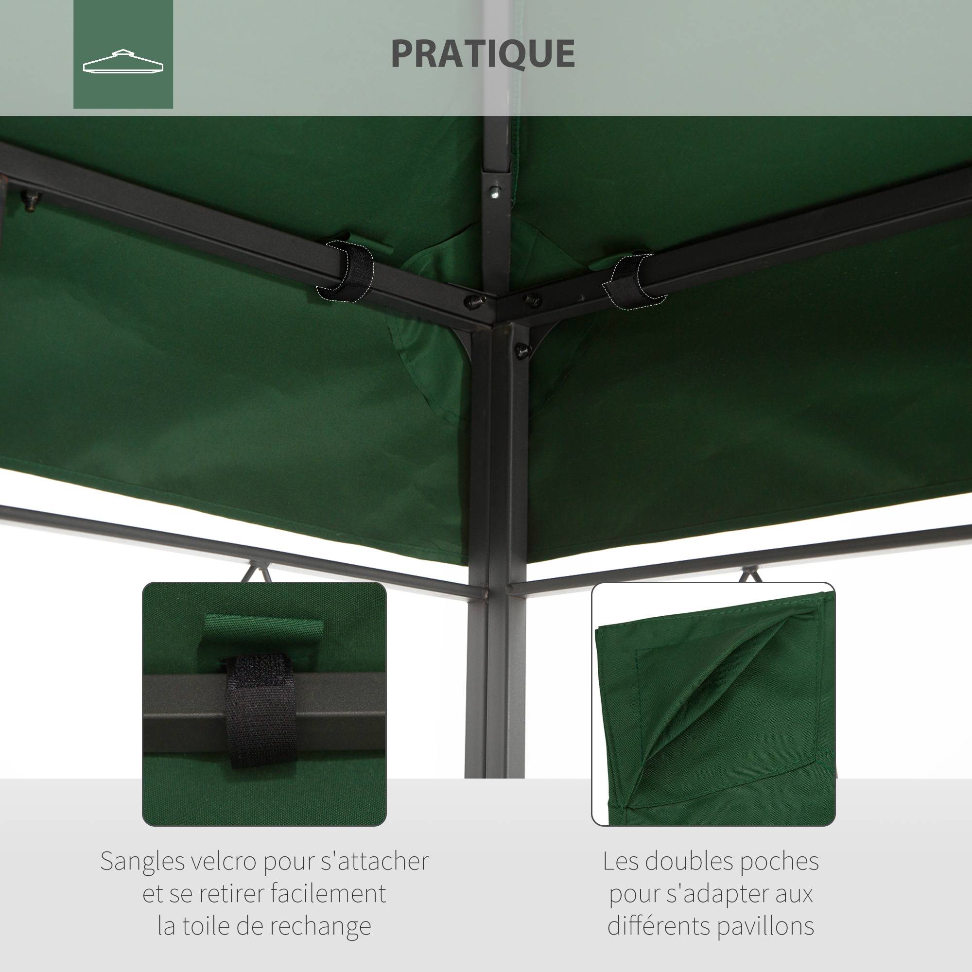 Toile de rechange pour pavillon tonnelle tente 3 x 4 m polyester haute densité 180 g/m² vert - Image 7