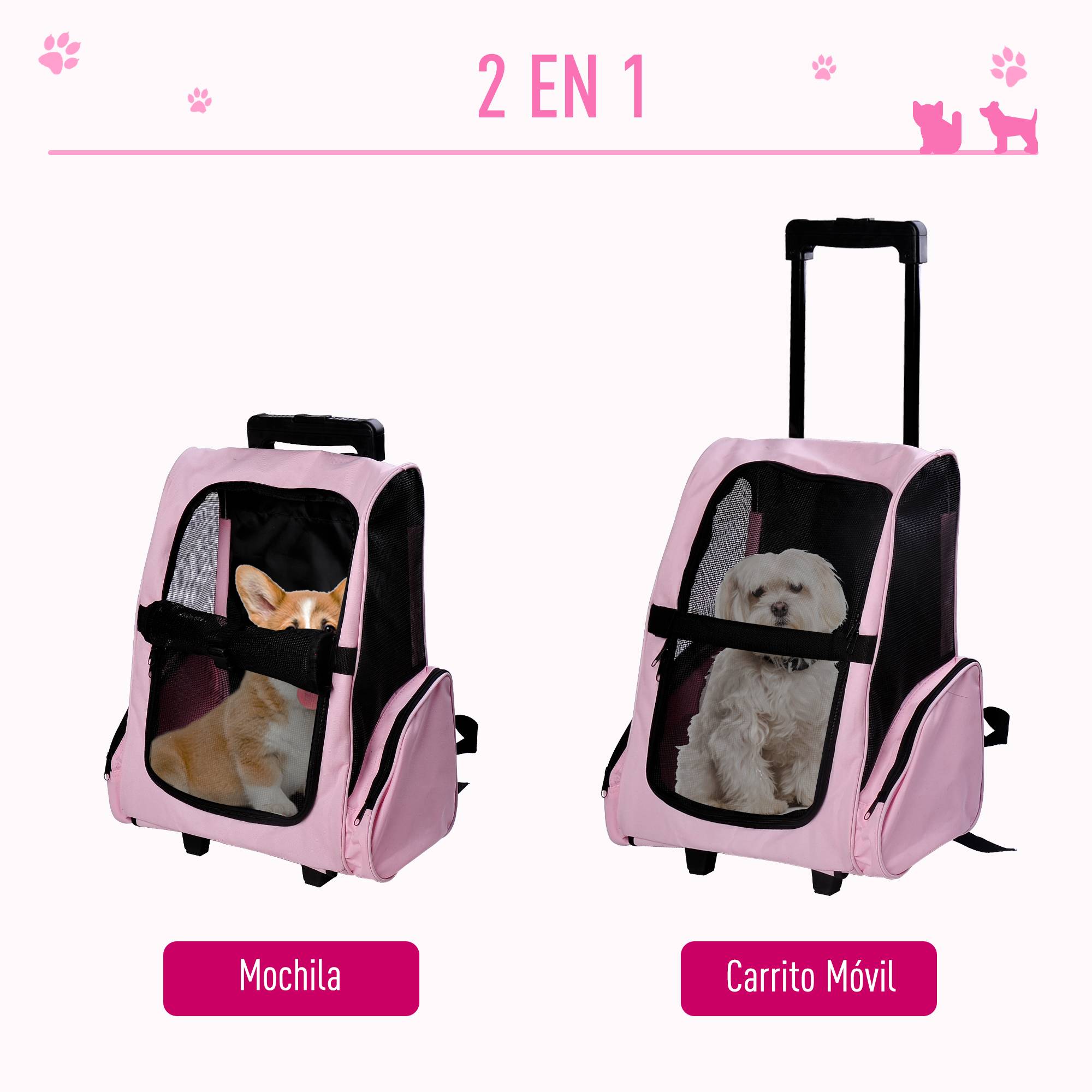 Sac à dos ou trolley de transport 2 en 1 pour chiens et chats, avec 2 roues, poignée rétractable en aluminium et poches, 42 x 25 x 55 cm, rose - Image 5
