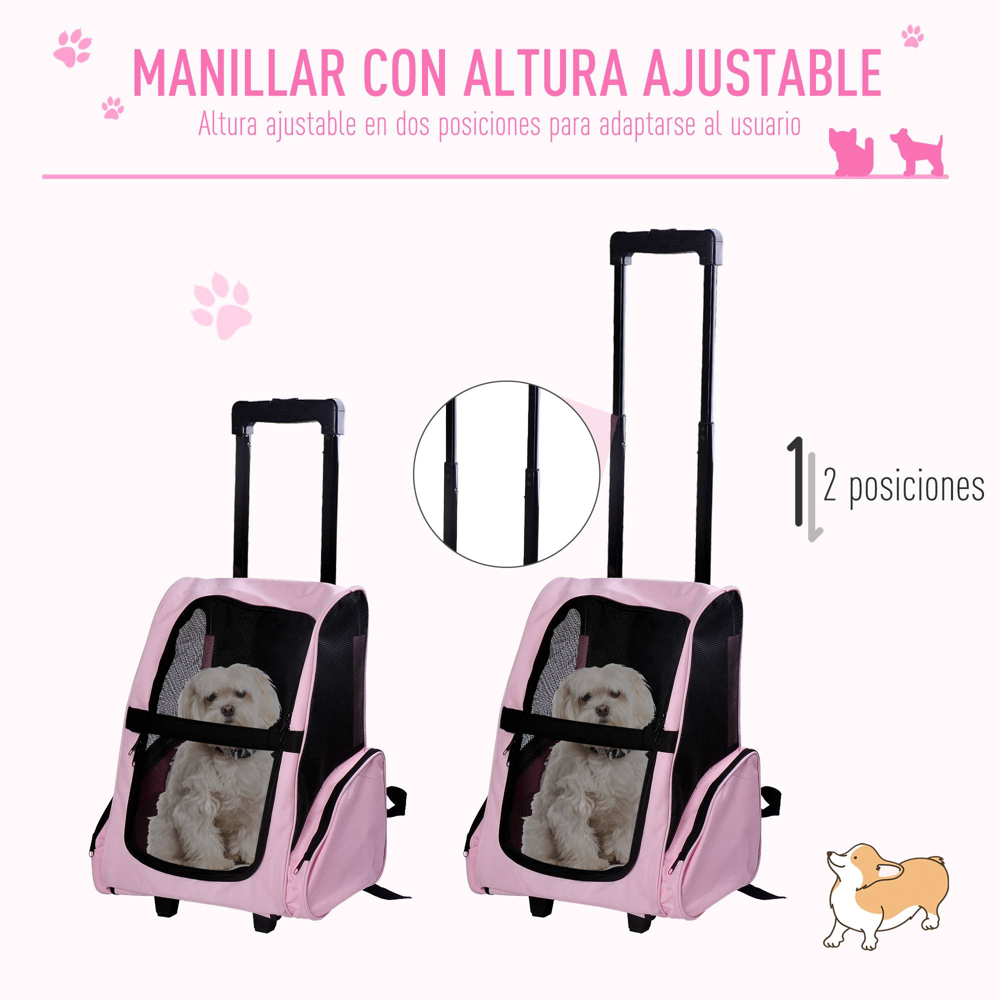 Sac à dos ou trolley de transport 2 en 1 pour chiens et chats, avec 2 roues, poignée rétractable en aluminium et poches, 42 x 25 x 55 cm, rose - Image 6