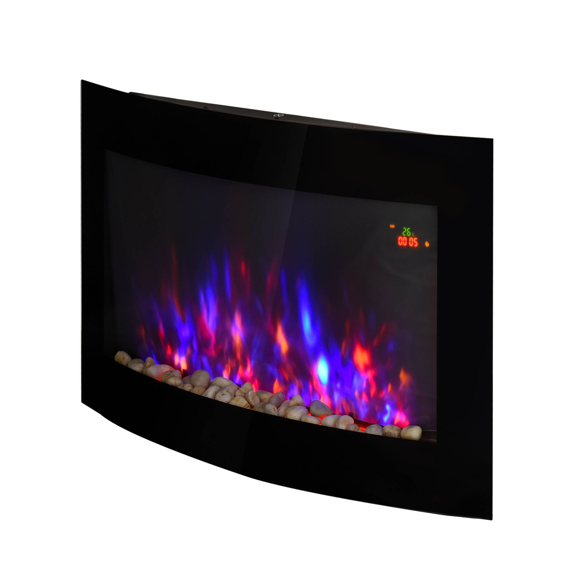 Cheminée électrique murale 1800 W, effet flamme coloré, température réglable, thermostat, minuterie, télécommande, protection surchauffe, noire - Image 1