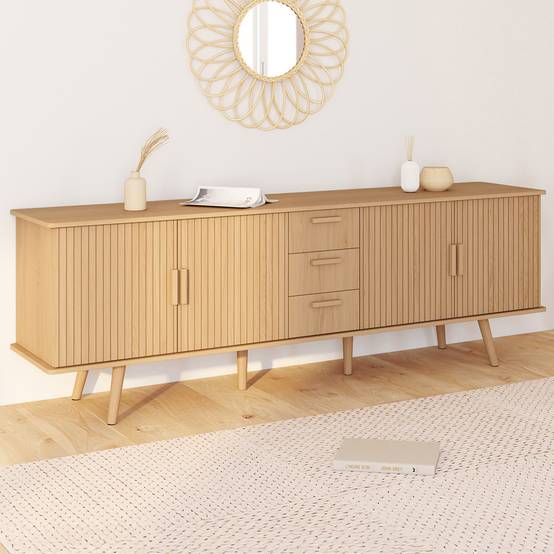 Buffet 180 cm JULIETTE XXL 4 portes et 3 tiroirs effet lattes tasseau bois - Image 1