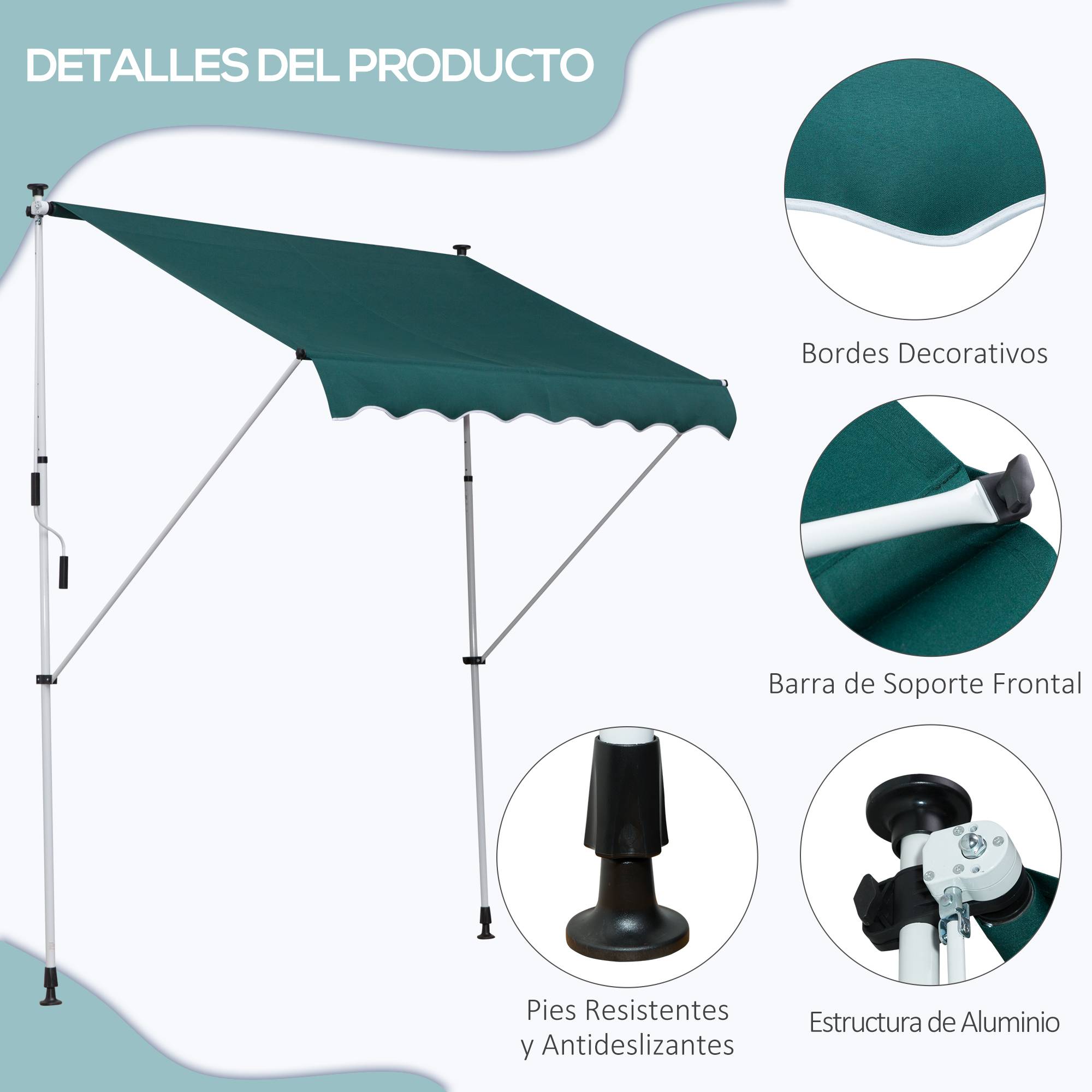 Store banne rétractable manuelle 200 x 150 x 170-280 cm pour balcon et terrasse, hauteur réglable et manivelle, vert - Image 9