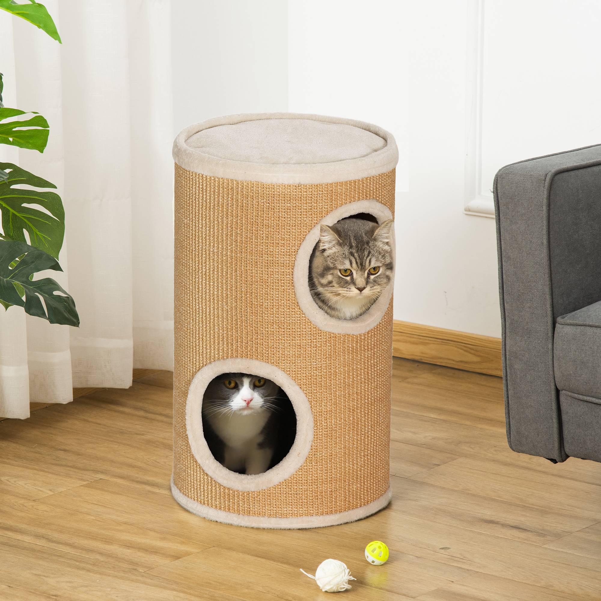 ComfortXL - Tour à Griffer Tonneau pour Chat 2 Niveaux avec Niches et Surface Sisal Marron Ø35x60 cm - ComfortXL Outdoor Living - Image 4