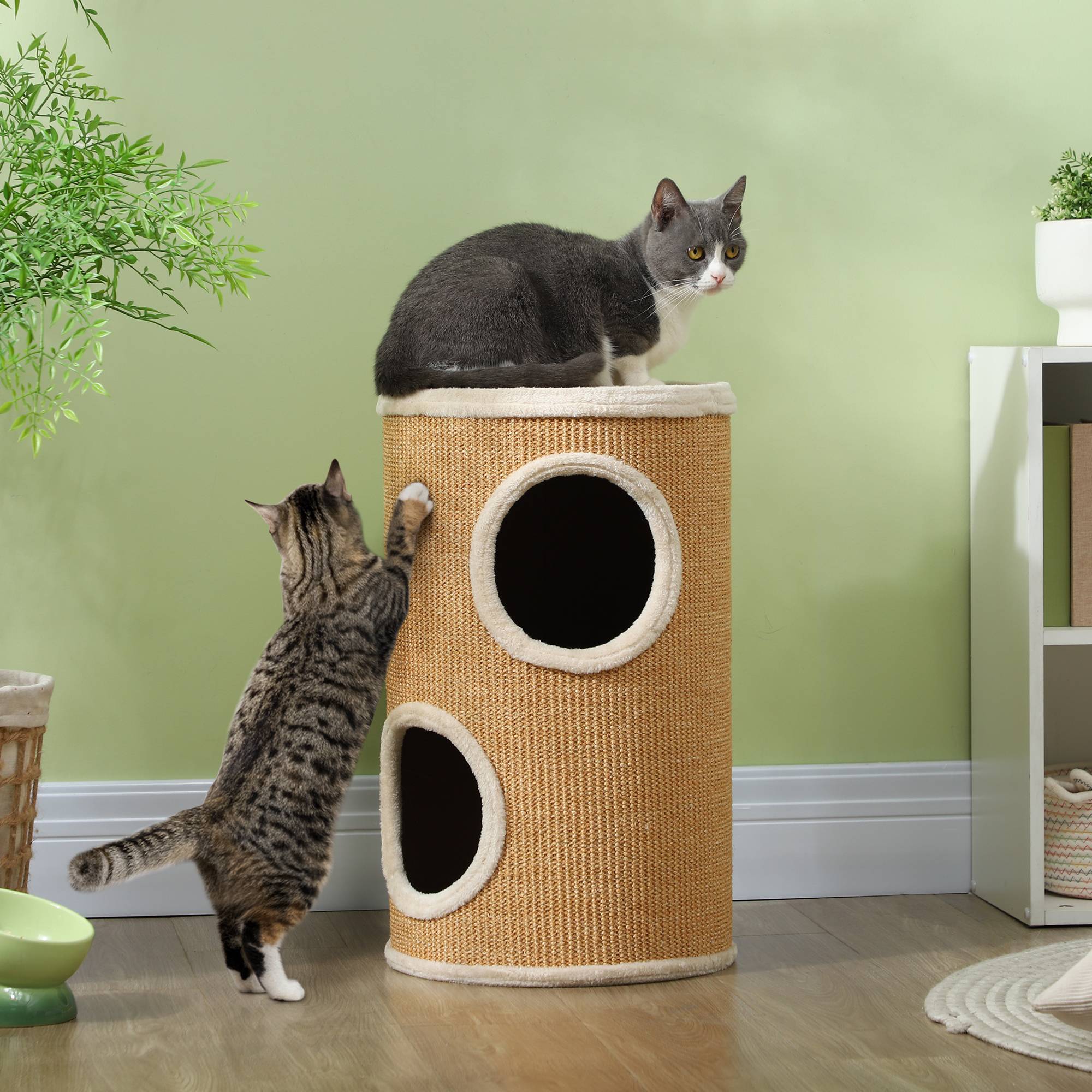ComfortXL - Tour à Griffer Tonneau pour Chat 2 Niveaux avec Niches et Surface Sisal Marron Ø35x60 cm - ComfortXL Outdoor Living - Image 3