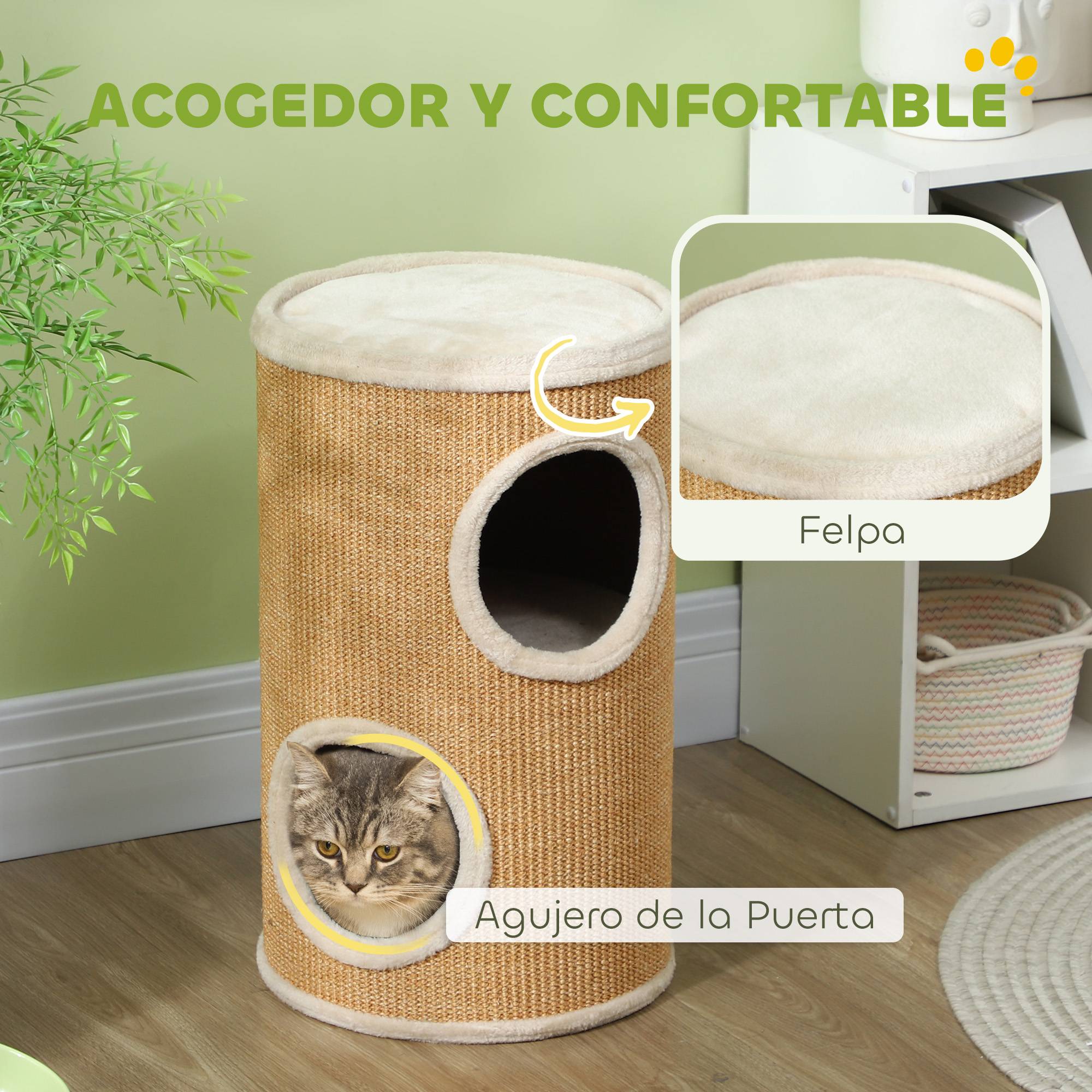 ComfortXL - Tour à Griffer Tonneau pour Chat 2 Niveaux avec Niches et Surface Sisal Marron Ø35x60 cm - ComfortXL Outdoor Living - Image 8