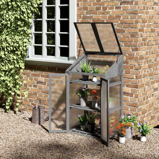Mini serre bois de sapin pour semis croissance optimale 70x50x120cm gris - ComfortXL Outdoor Living - Image 3