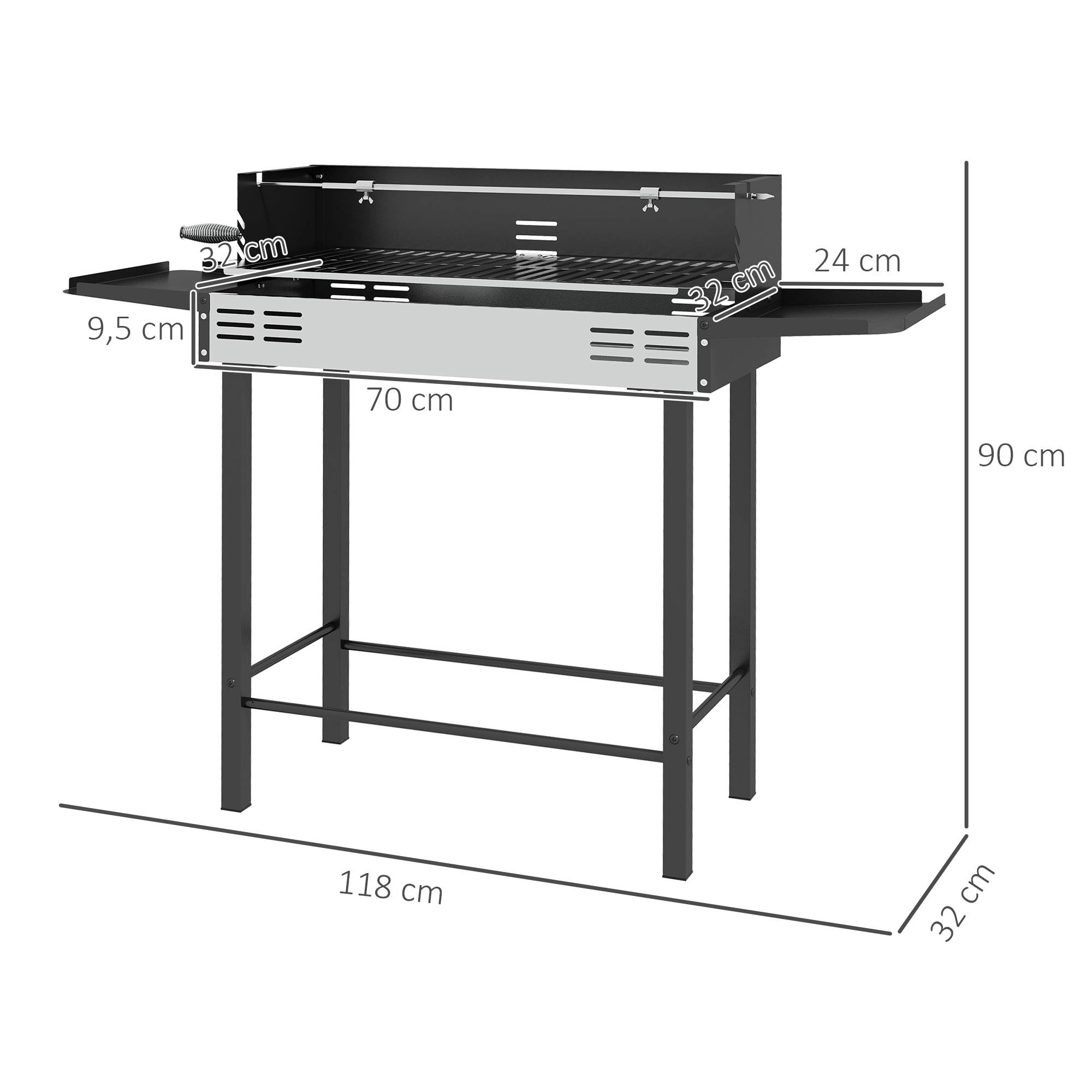 Sans Marque - Barbecue Charbon de bois avec grille de grille à 3 niveaux et étagères latérales pliables, 118 x 32 x 90 cm, noir - Image 5