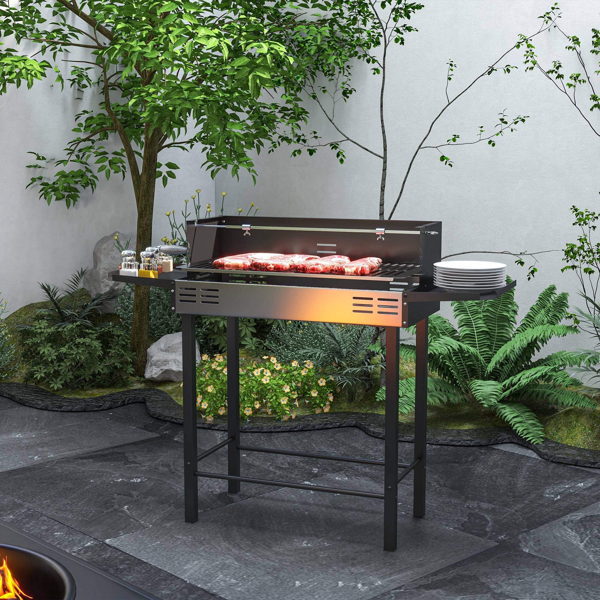 Sans Marque - Barbecue Charbon de bois avec grille de grille à 3 niveaux et étagères latérales pliables, 118 x 32 x 90 cm, noir - Image 4
