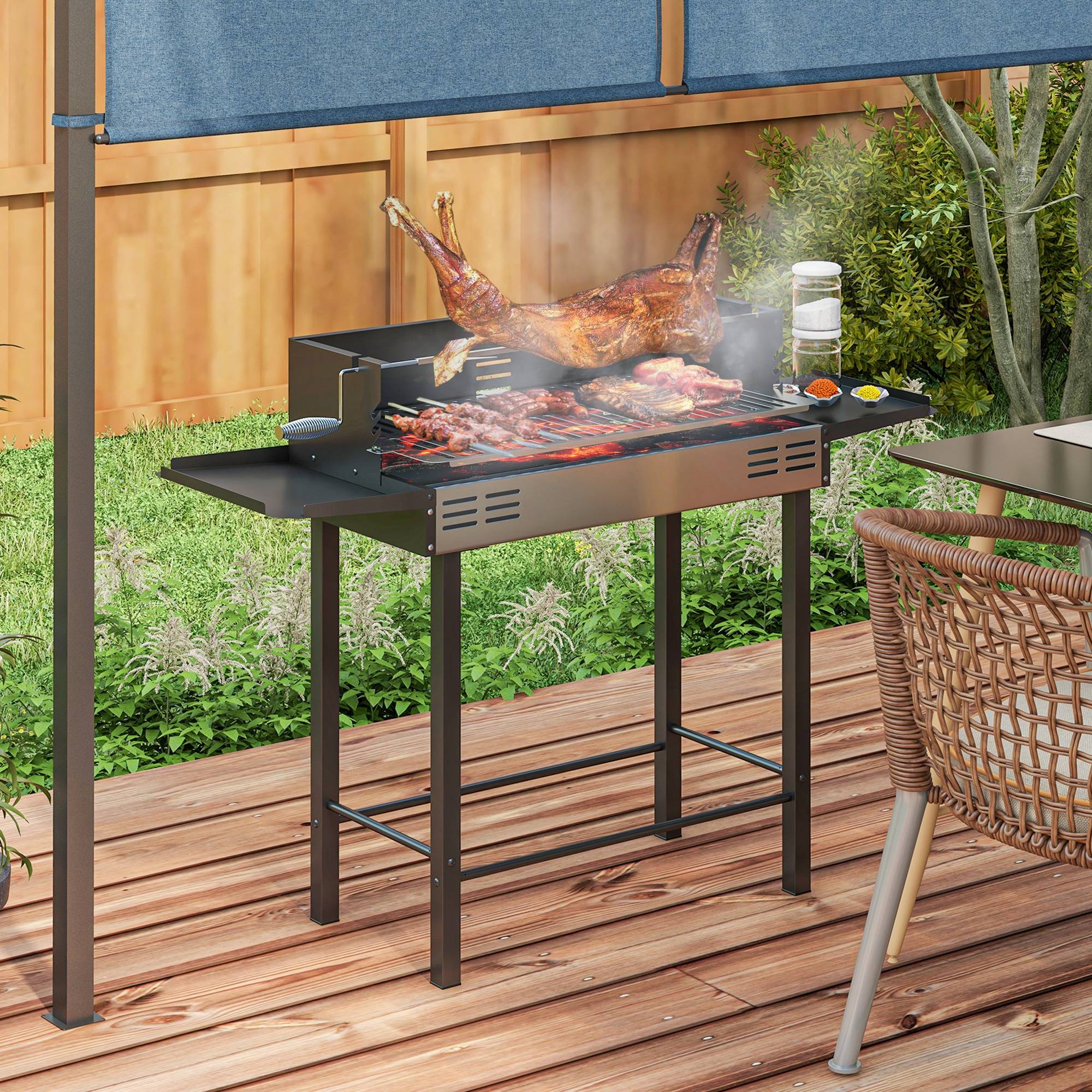 Sans Marque - Barbecue Charbon de bois avec grille de grille à 3 niveaux et étagères latérales pliables, 118 x 32 x 90 cm, noir - Image 3