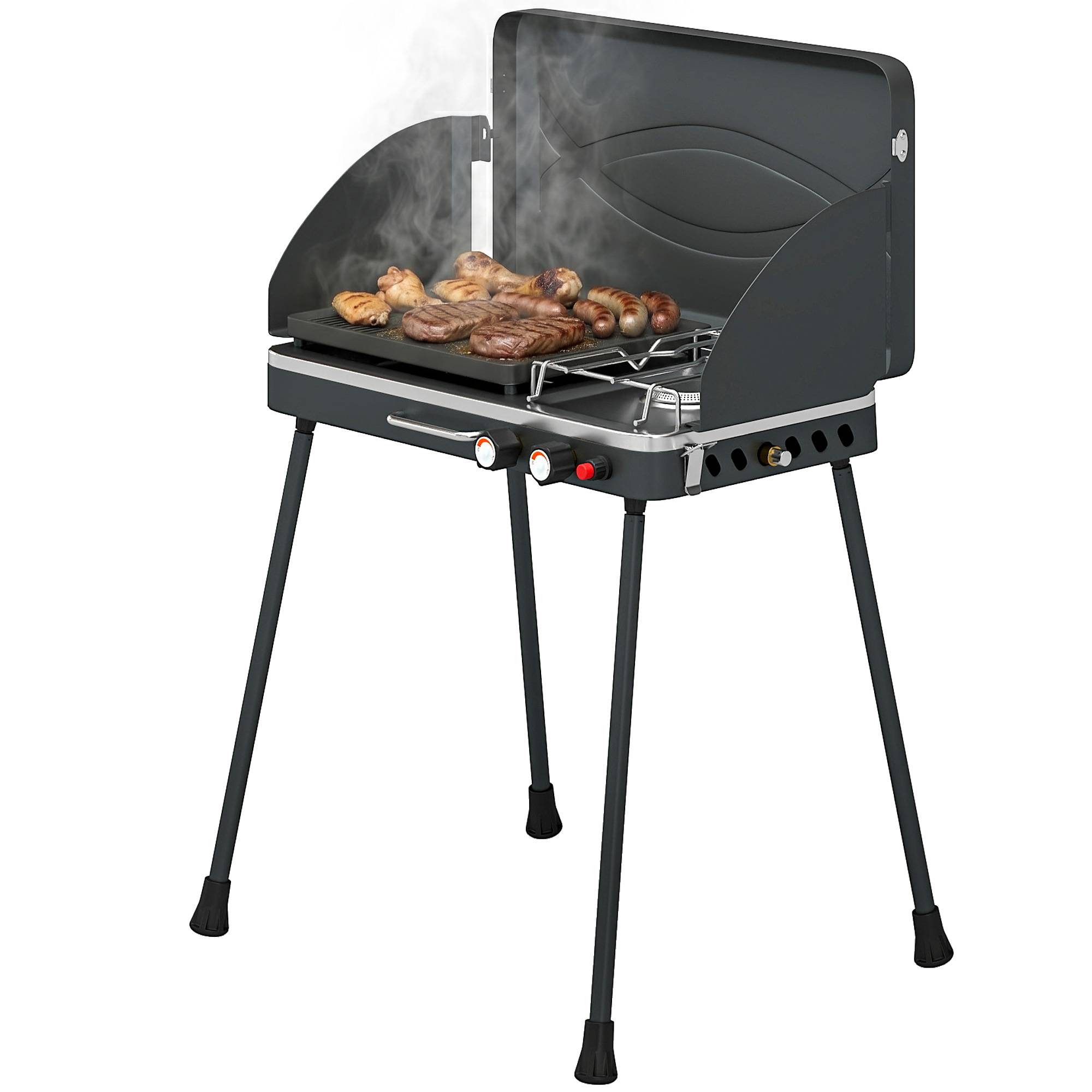 Barbecue à gaz propane portable 2 en 1 7 kW, à poser ou à poser, avec grande plaque de cuisson et pieds amovibles - Noir - Image 2
