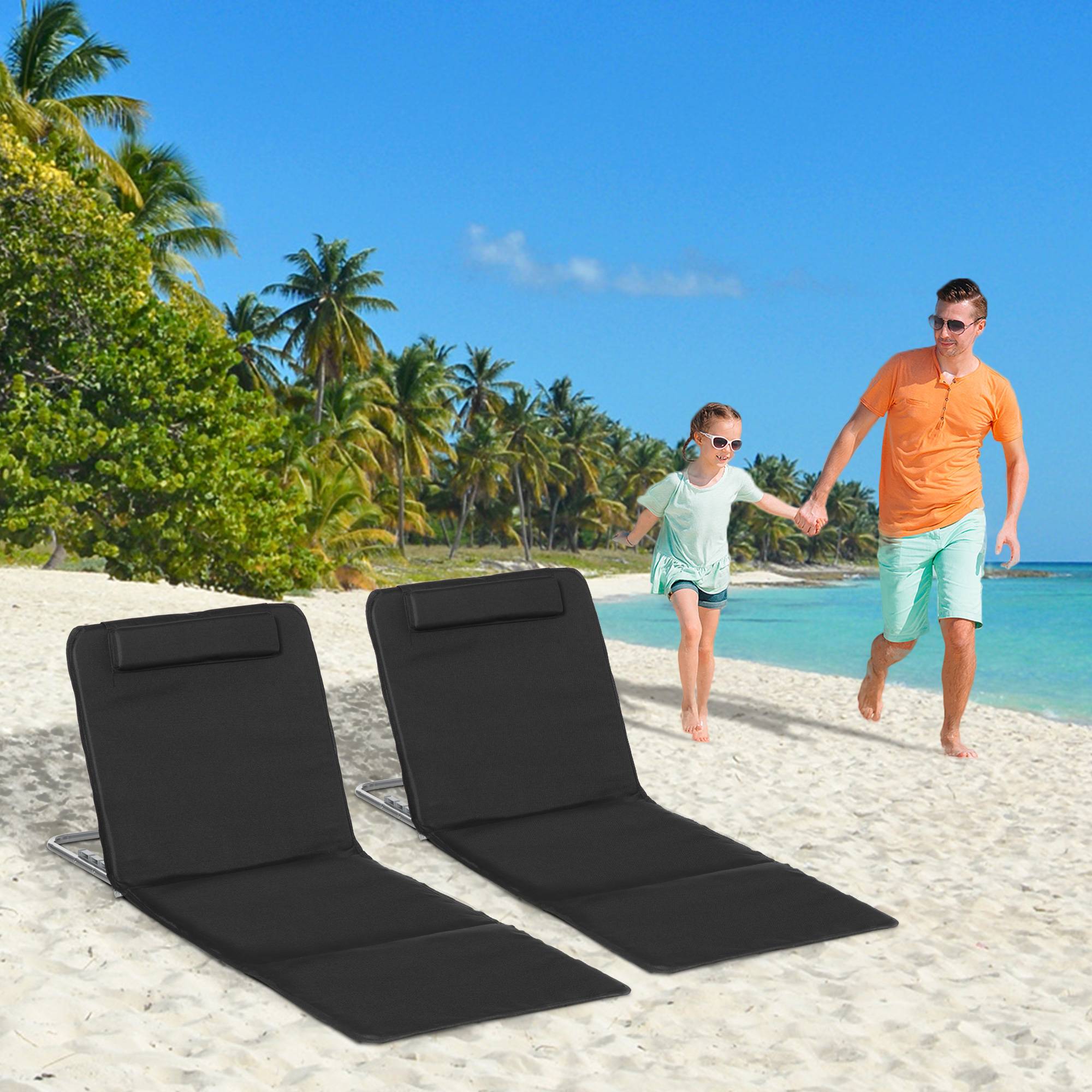 Outsunny - Lot de 2 tapis de plage rembourré - nattes de plage - dossier inclinable multi-positions - sac transport inclus - métal polyester PE noir - Outsunny - Image 2
