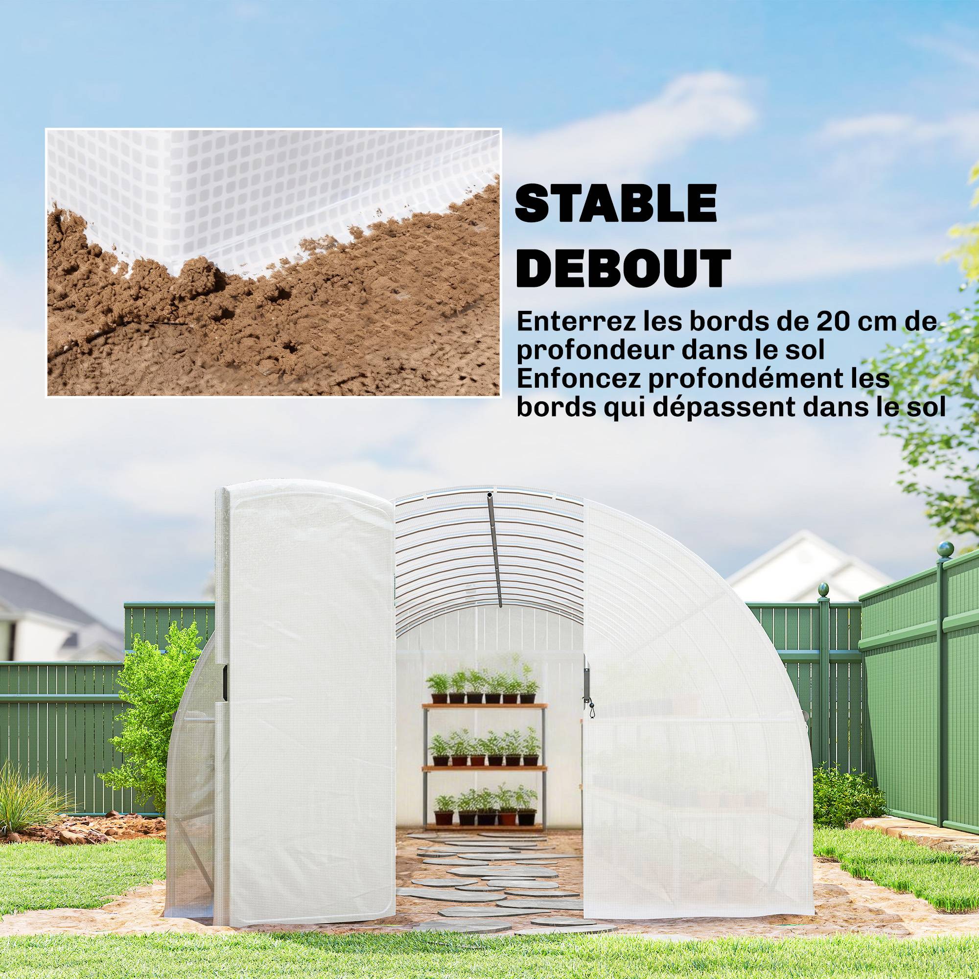 Sans Marque - Serre tunnel de jardin 24m², serre de jardin tunnel avec portes et 12 fenêtres avec moustiquaires, 295x798x199cm, blanc - Image 10
