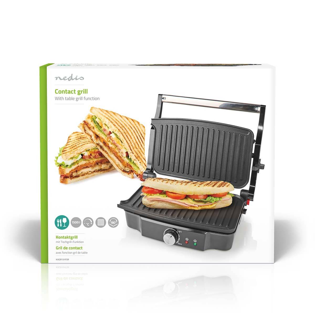 Grill de contact 1500W Sandwiches Pannini Grillades Plaque Anti-adhésive Poignée froide NEDIS - Image 7