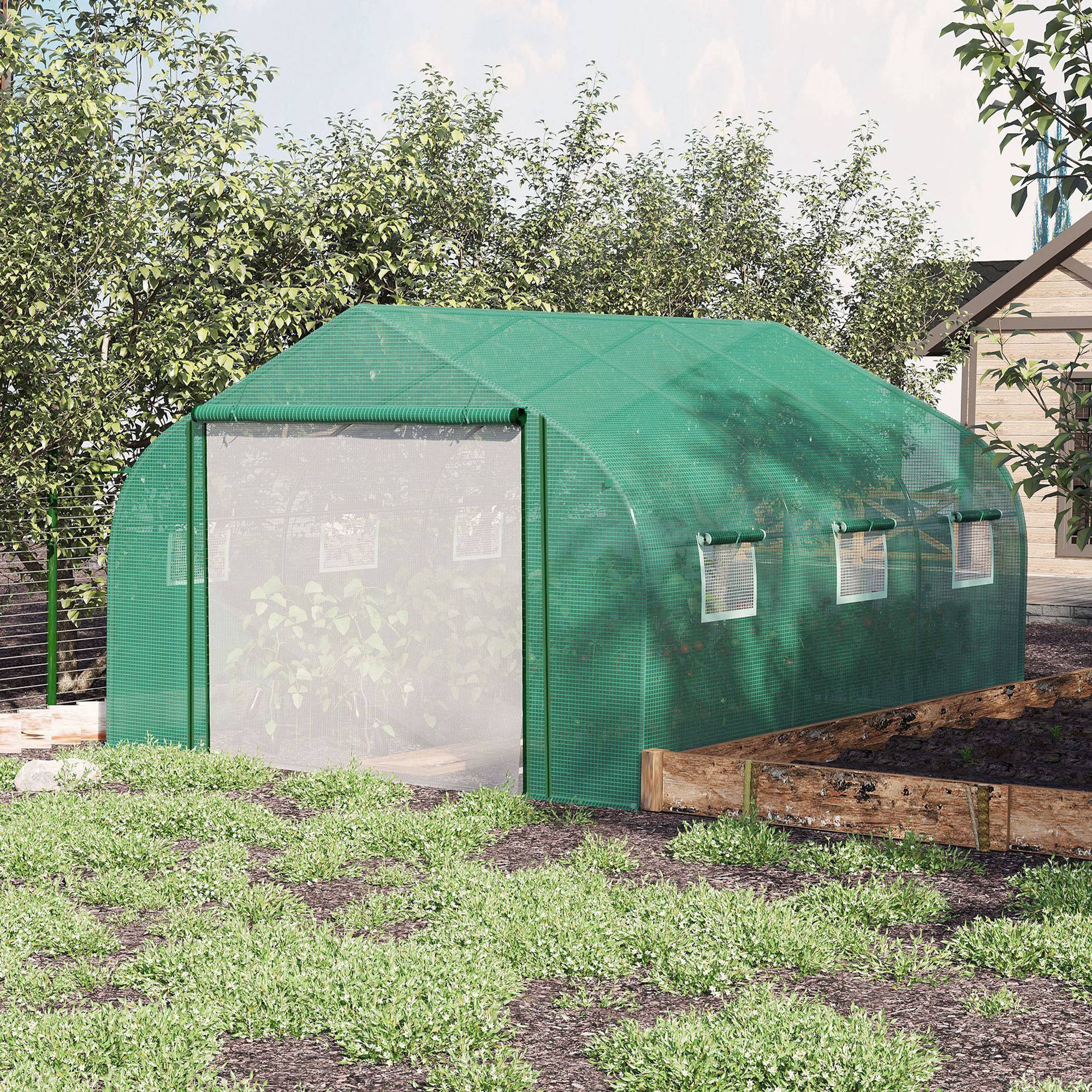 Sans Marque - Serre Tunnel Jardin Grande 3,5x3x2 m 6 fenêtres porte zip enroulable acier galvanisé PE vert - Image 4