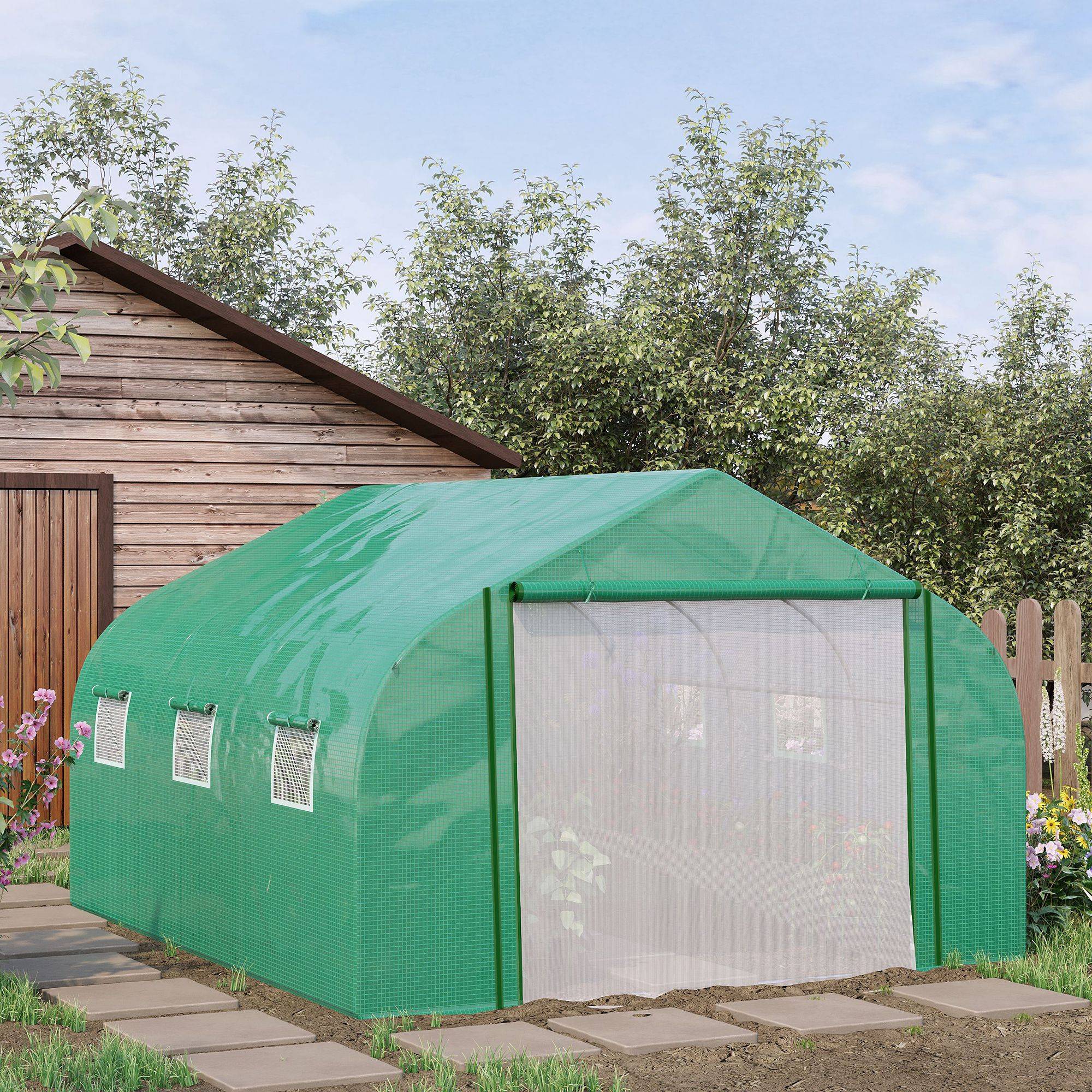 Sans Marque - Serre Tunnel Jardin Grande 3,5x3x2 m 6 fenêtres porte zip enroulable acier galvanisé PE vert - Image 3