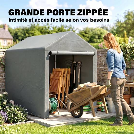 Abri de jardin étanche à 2 compartiments, porte enroulable zip, 120x179x165cm, gris clair - Image 8