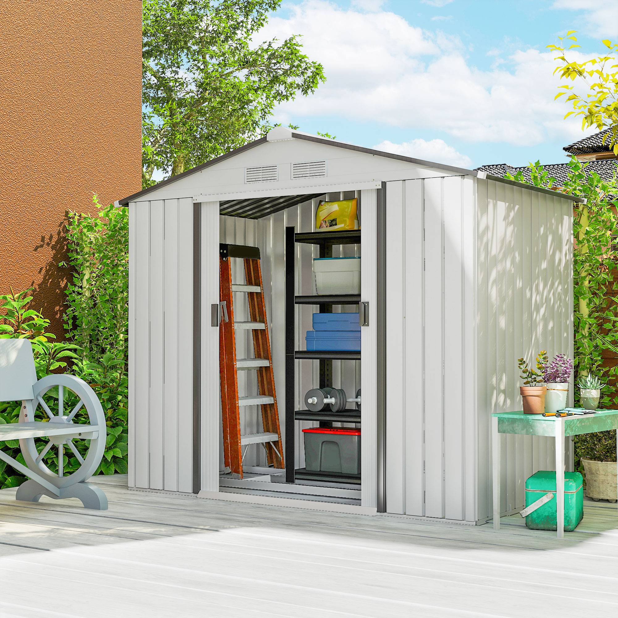 Abri de jardin acier 213x130x185 cm avec portes coulissantes, cabanon rangement extérieur blanc - Image 3