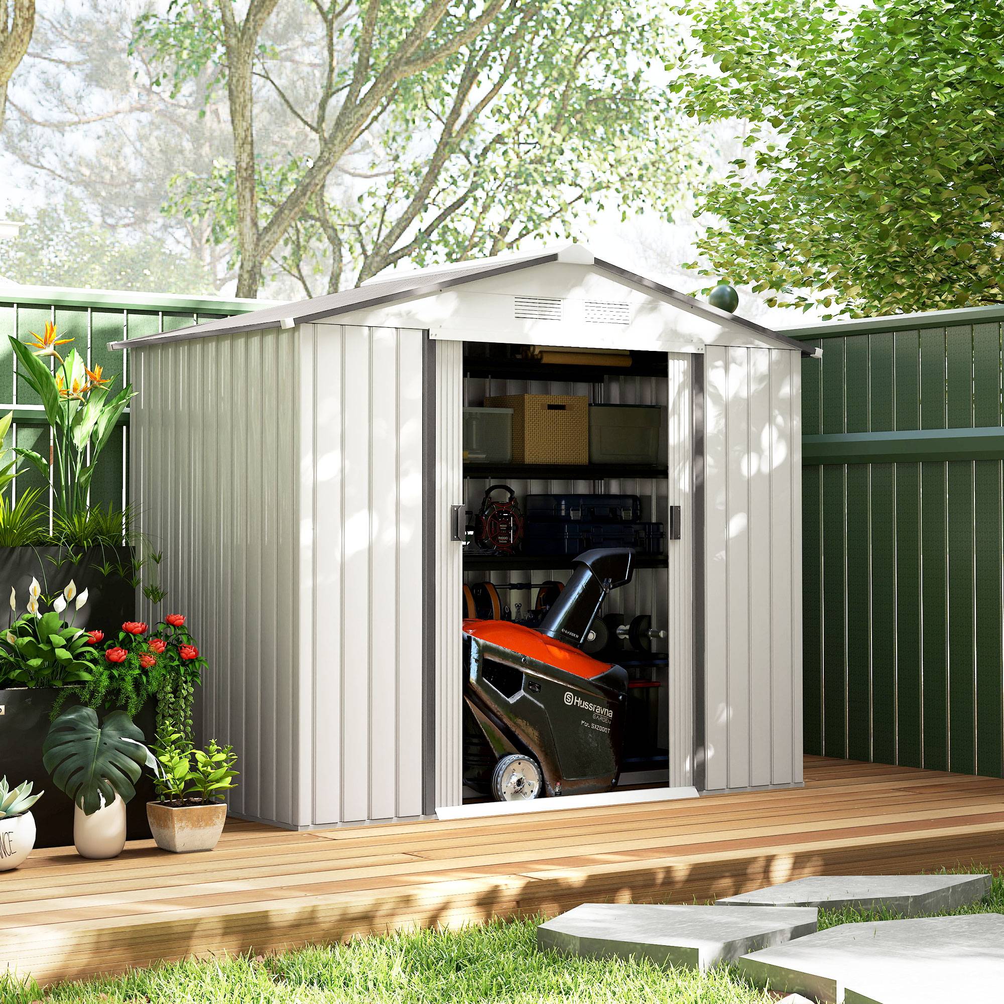 Abri de jardin acier 213x130x185 cm avec portes coulissantes, cabanon rangement extérieur blanc - Image 4