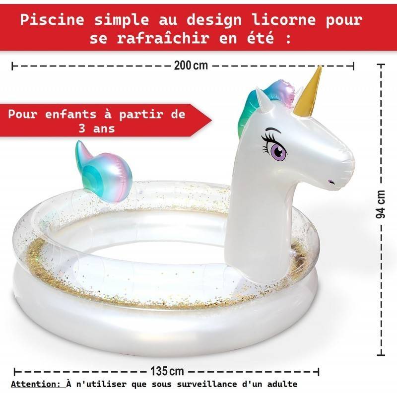 Piscine gonflable pour enfants - 200x135x90 cm piscine hors sol design Licorne- à partir de 3ans. - Image 3
