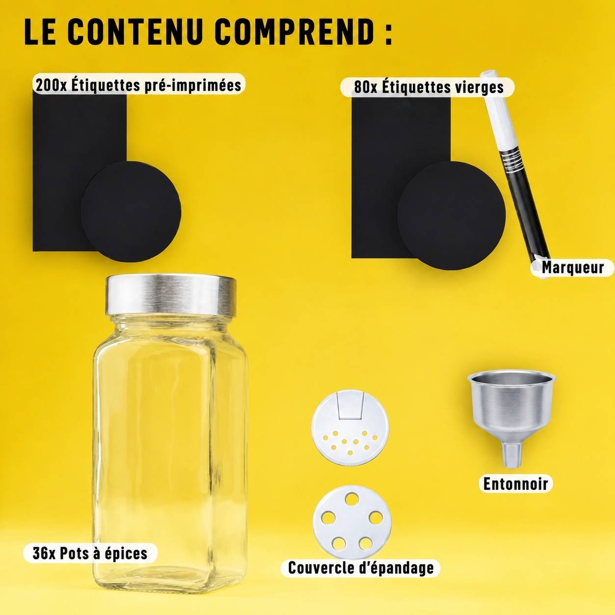 Set de 36 Pots à Épices en Verre avec Couvercles Acier Inoxydable et Gradués - Image 3