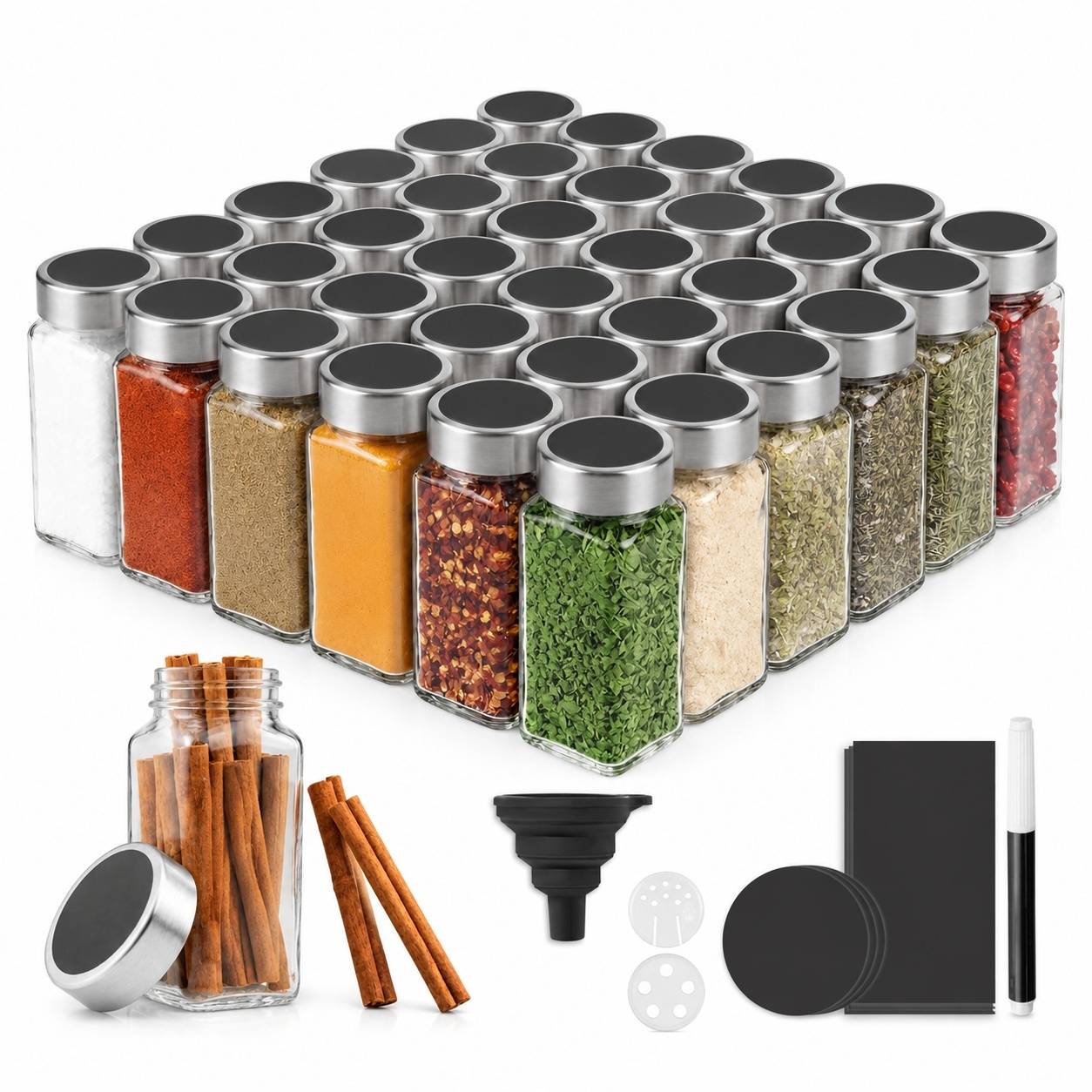 Set de 36 Pots à Épices en Verre avec Couvercles Acier Inoxydable et Gradués - Image 1