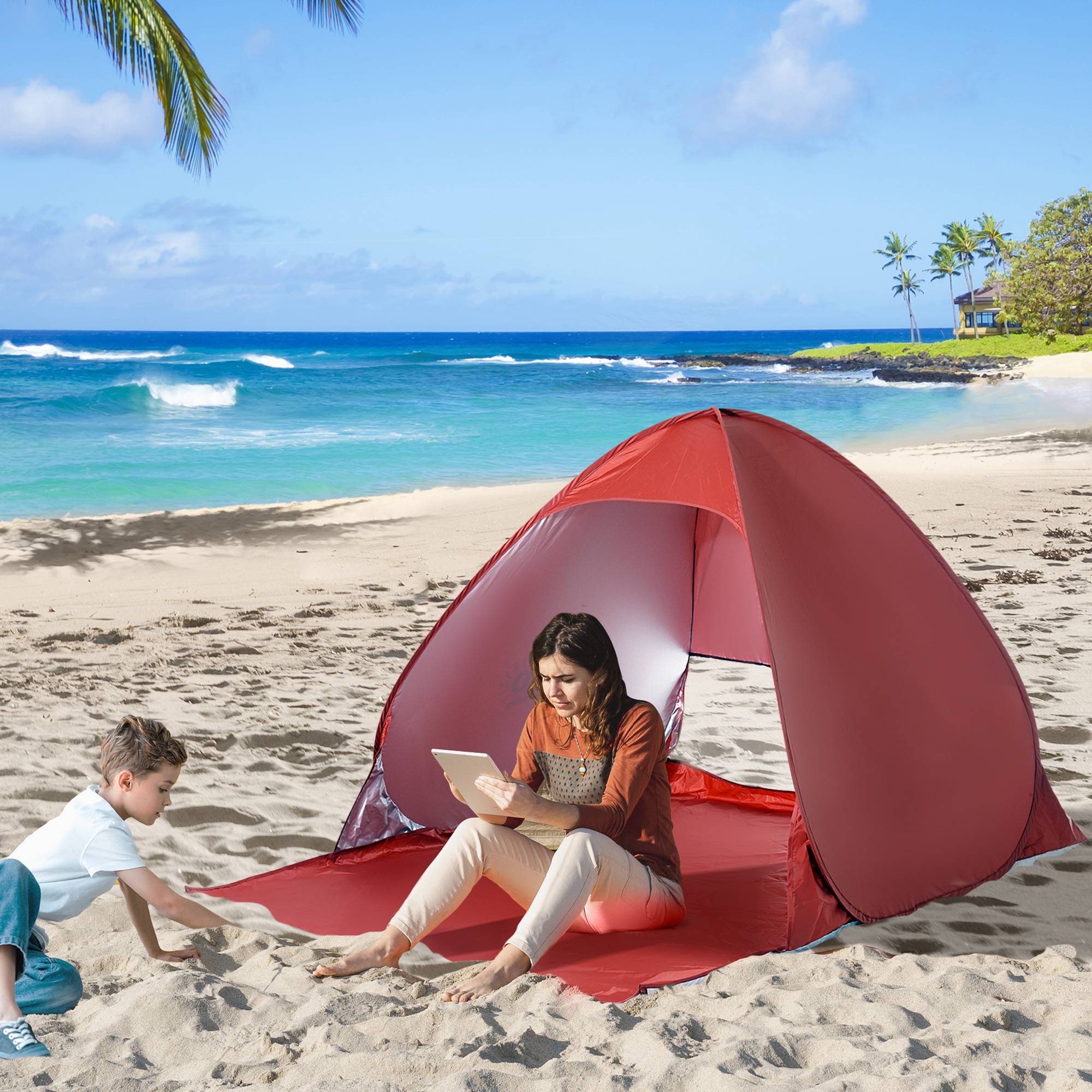 Tente de plage pliable 2 à 3 personnes rouge fenêtres et abri UV 200 x 150 x 119 cm, bord de mer - Image 3