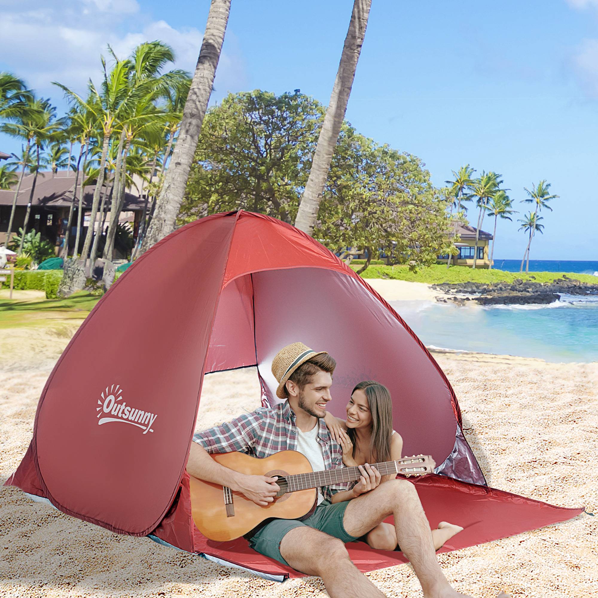 Tente de plage pliable 2 à 3 personnes rouge fenêtres et abri UV 200 x 150 x 119 cm, bord de mer - Image 4