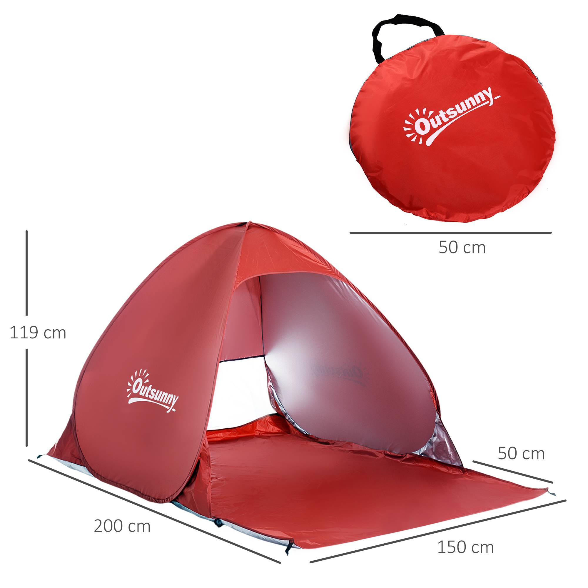 Tente de plage pliable 2 à 3 personnes rouge fenêtres et abri UV 200 x 150 x 119 cm, bord de mer - Image 5