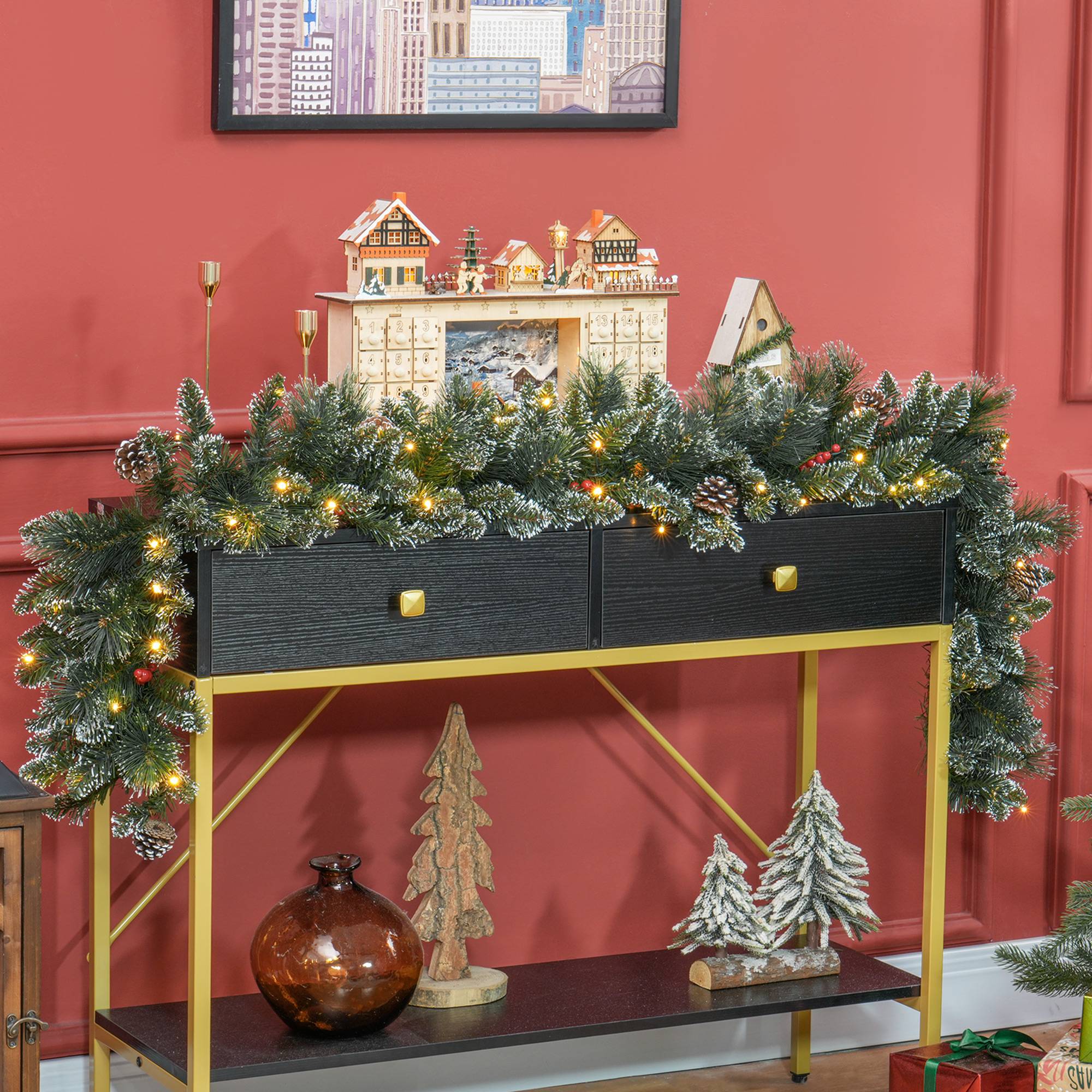 Sans Marque - Guirlande de Noël artificielle de 1,8 m avec lumières, décoration florale, verte - Image 4
