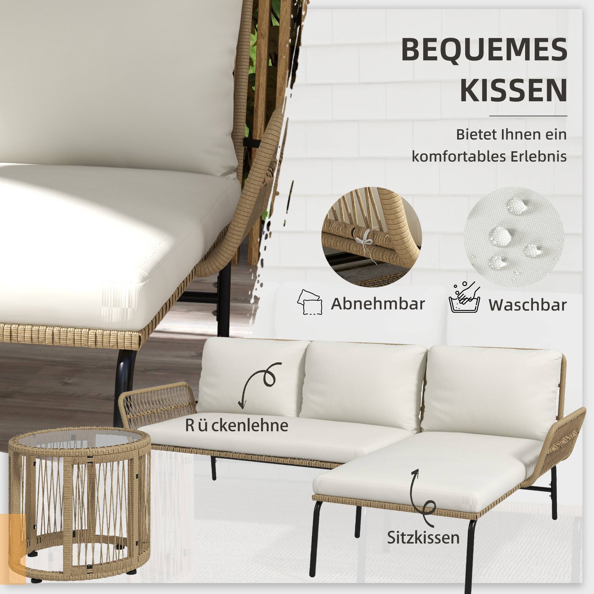 ComfortXL - Salon de jardin 3 pièces en résine tressée coloris naturel et crème avec canapé méridienne table basse extérieur - Image 5