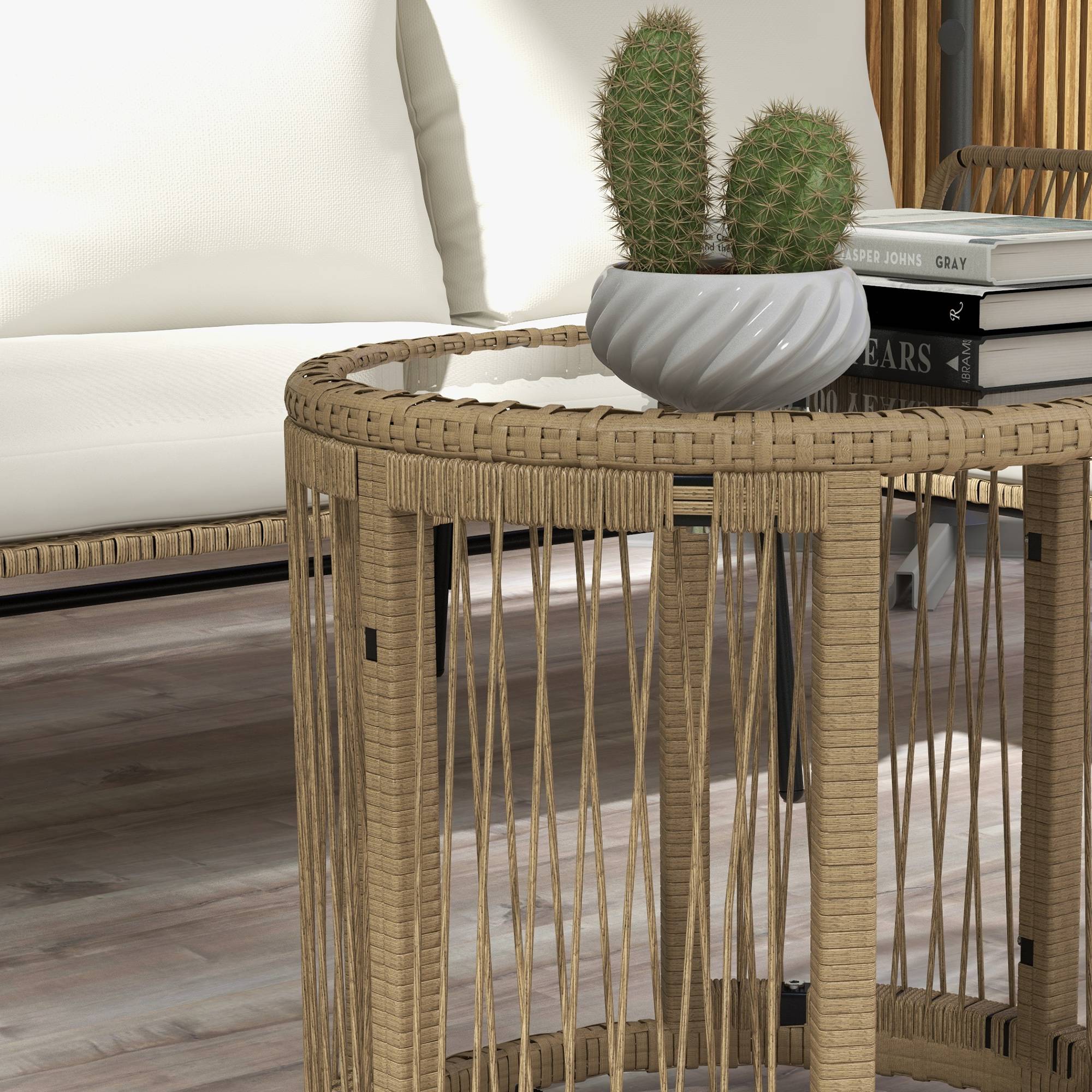 ComfortXL - Salon de jardin 3 pièces en résine tressée coloris naturel et crème avec canapé méridienne table basse extérieur - Image 9